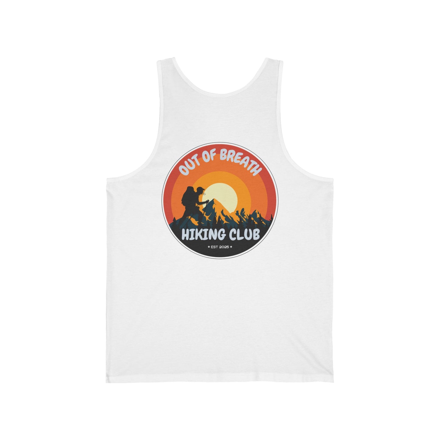 Out of Breath Hiking Club Unisex Jersey Tank | Outdoor Adventure Apparel, Gift for Hikers, Summer Workout Shirt, Nature Lover
