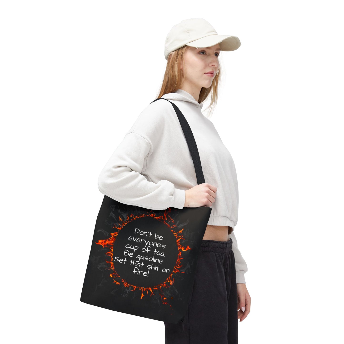 Motivational Be Gasoline Tote Bag, Durable All Over Print Polyester Bag, Funny Inspirational Gift for Travel, Gym, or Casual Use