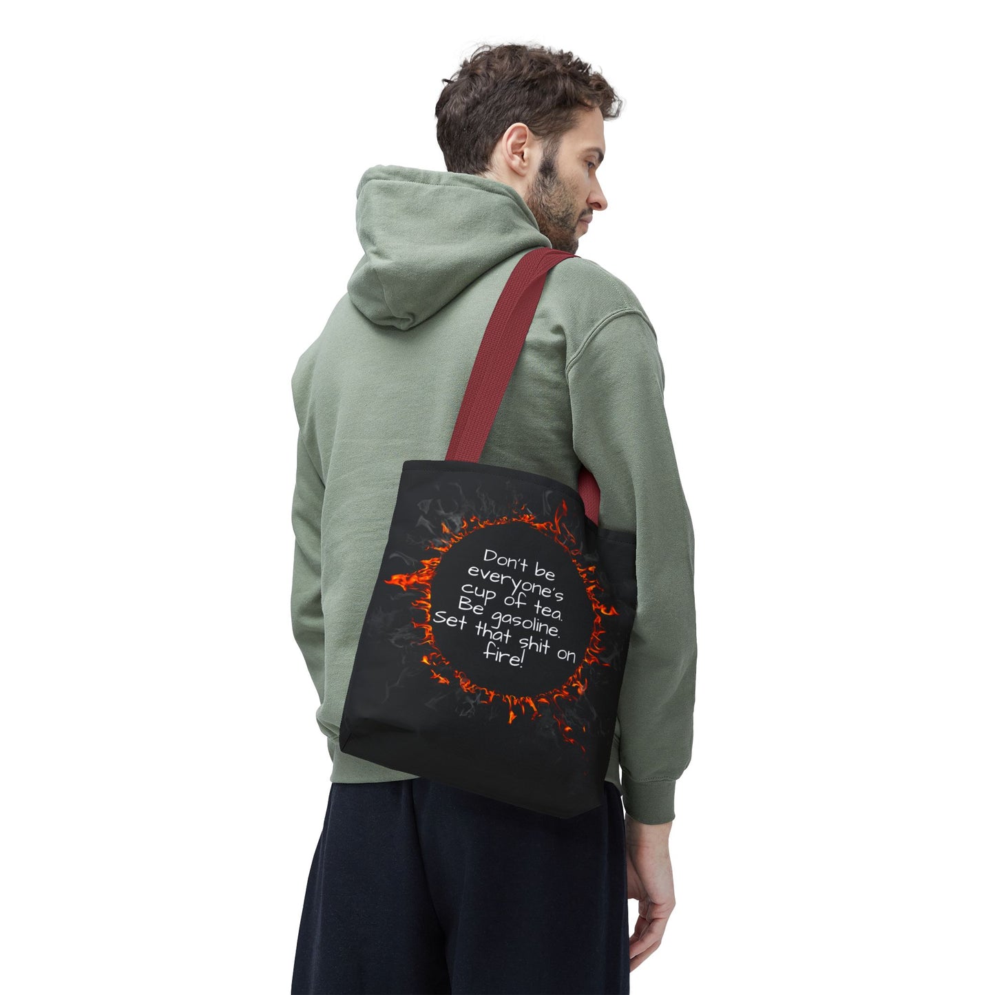 Motivational Be Gasoline Tote Bag, Durable All Over Print Polyester Bag, Funny Inspirational Gift for Travel, Gym, or Casual Use