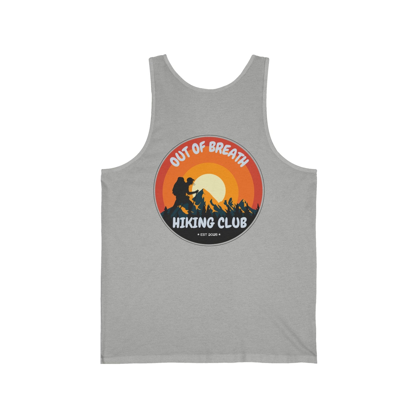 Out of Breath Hiking Club Unisex Jersey Tank | Outdoor Adventure Apparel, Gift for Hikers, Summer Workout Shirt, Nature Lover