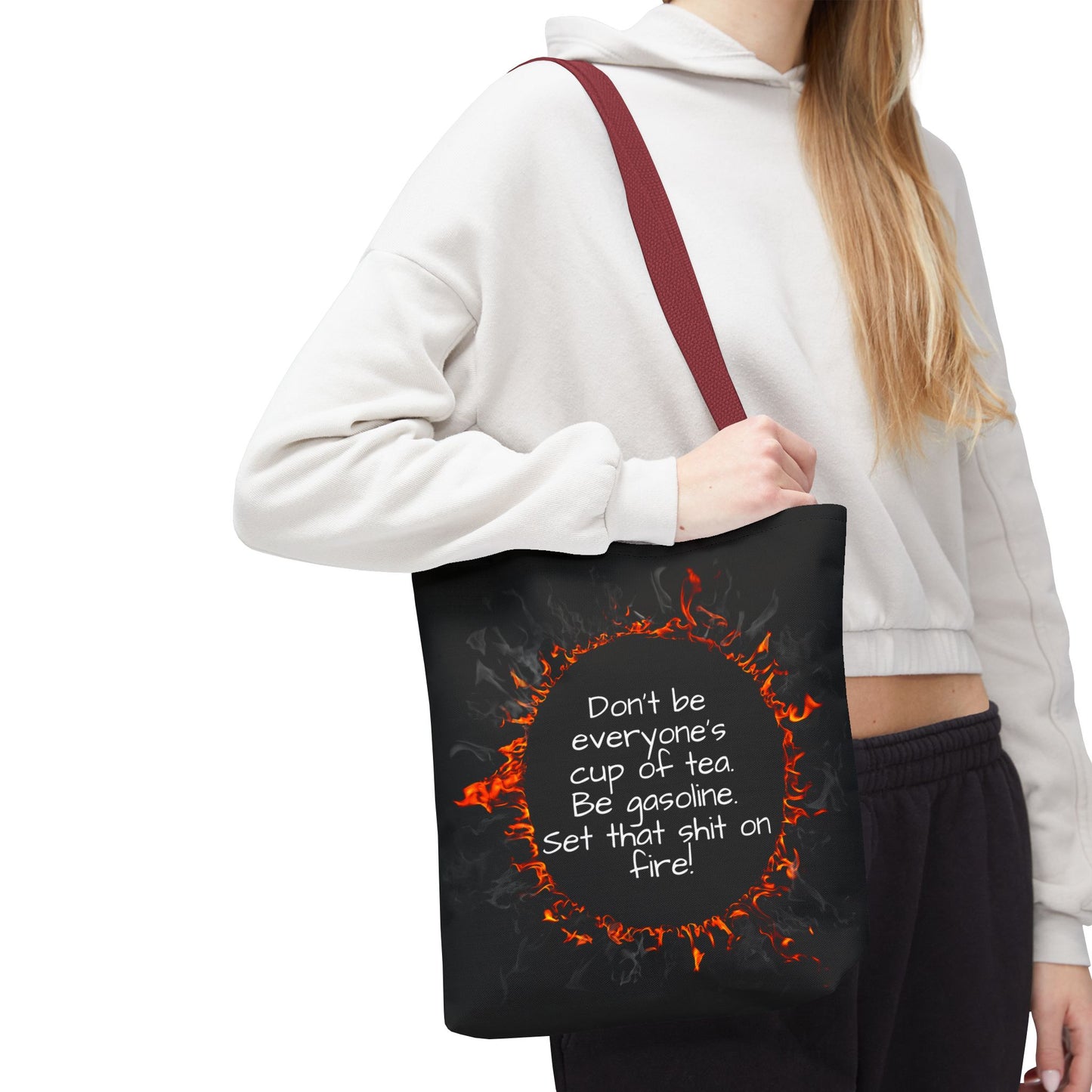 Motivational Be Gasoline Tote Bag, Durable All Over Print Polyester Bag, Funny Inspirational Gift for Travel, Gym, or Casual Use