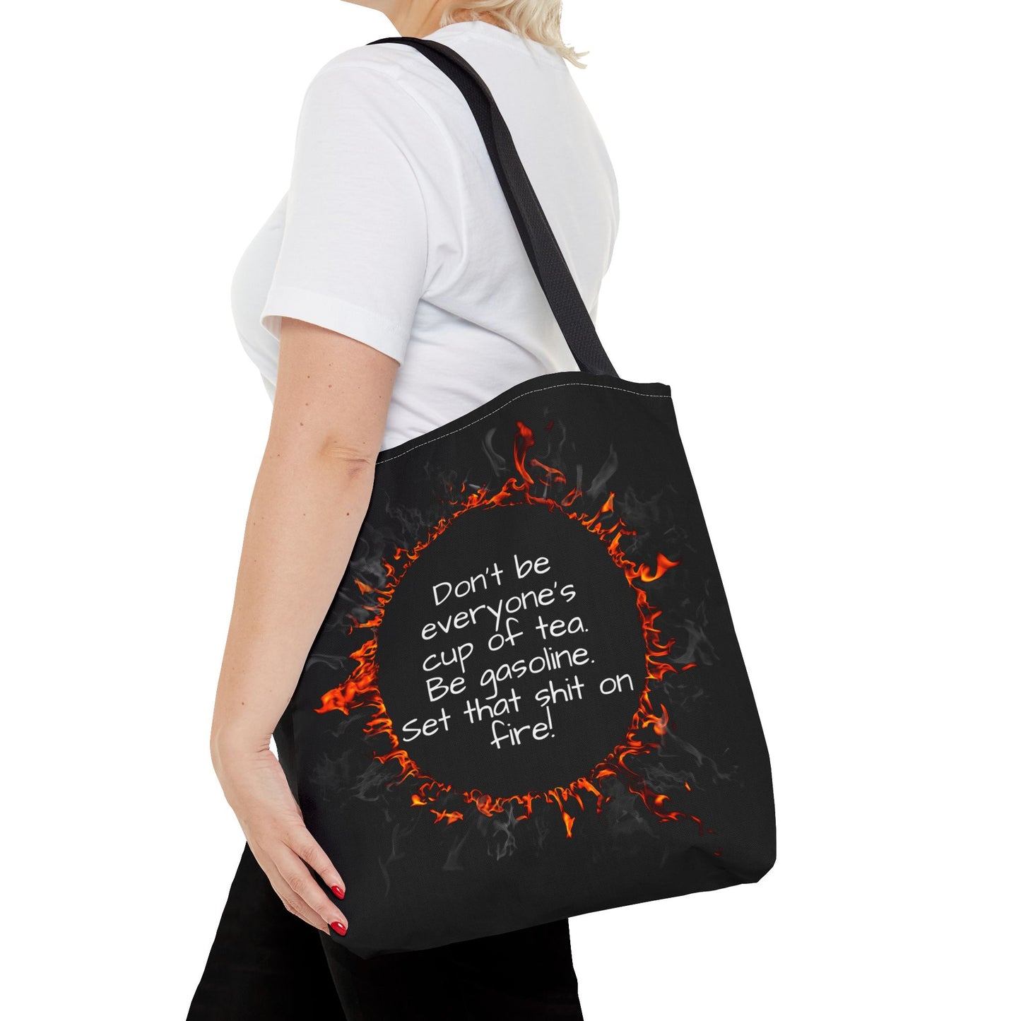 Motivational Be Gasoline Tote Bag, Durable All Over Print Polyester Bag, Funny Inspirational Gift for Travel, Gym, or Casual Use