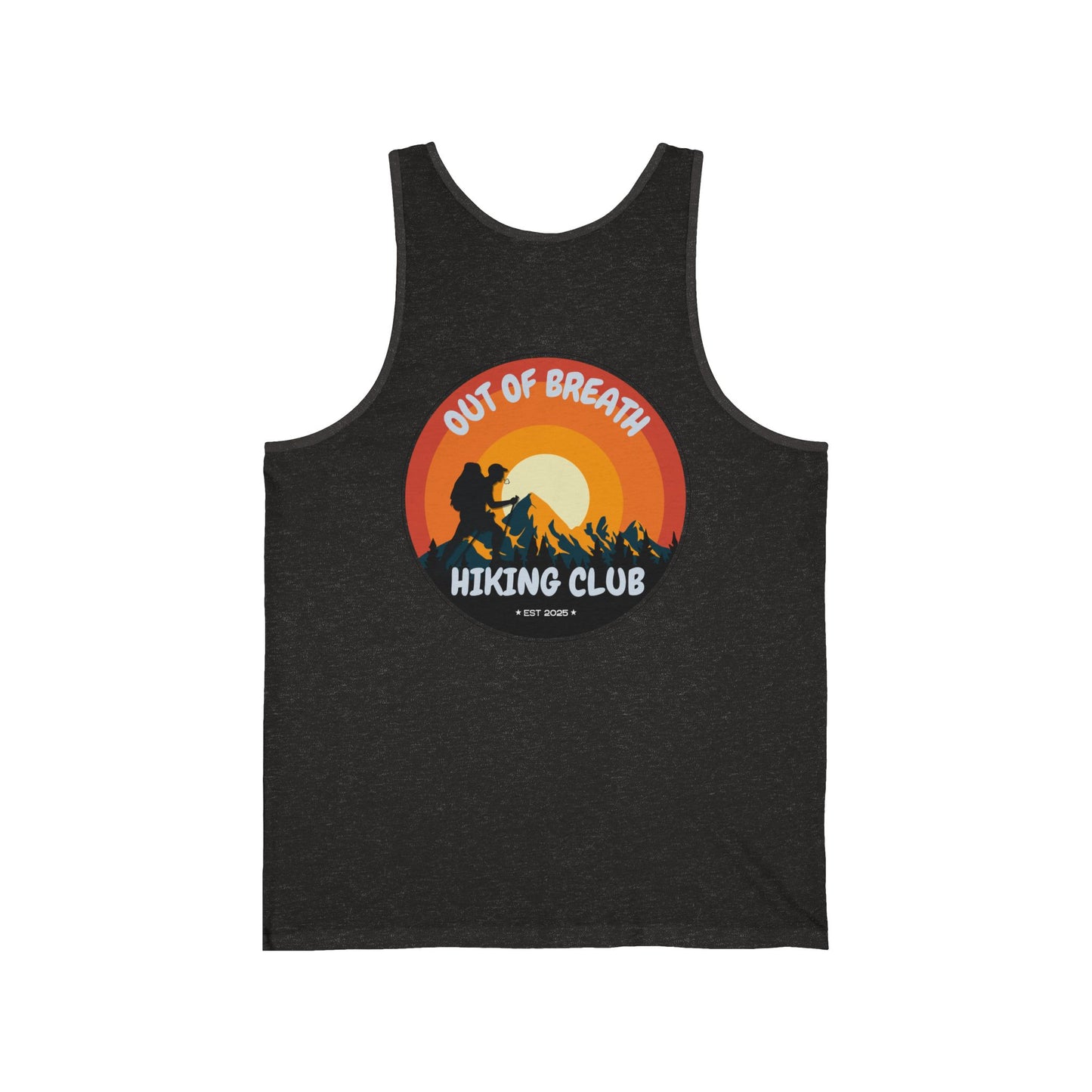 Out of Breath Hiking Club Unisex Jersey Tank | Outdoor Adventure Apparel, Gift for Hikers, Summer Workout Shirt, Nature Lover