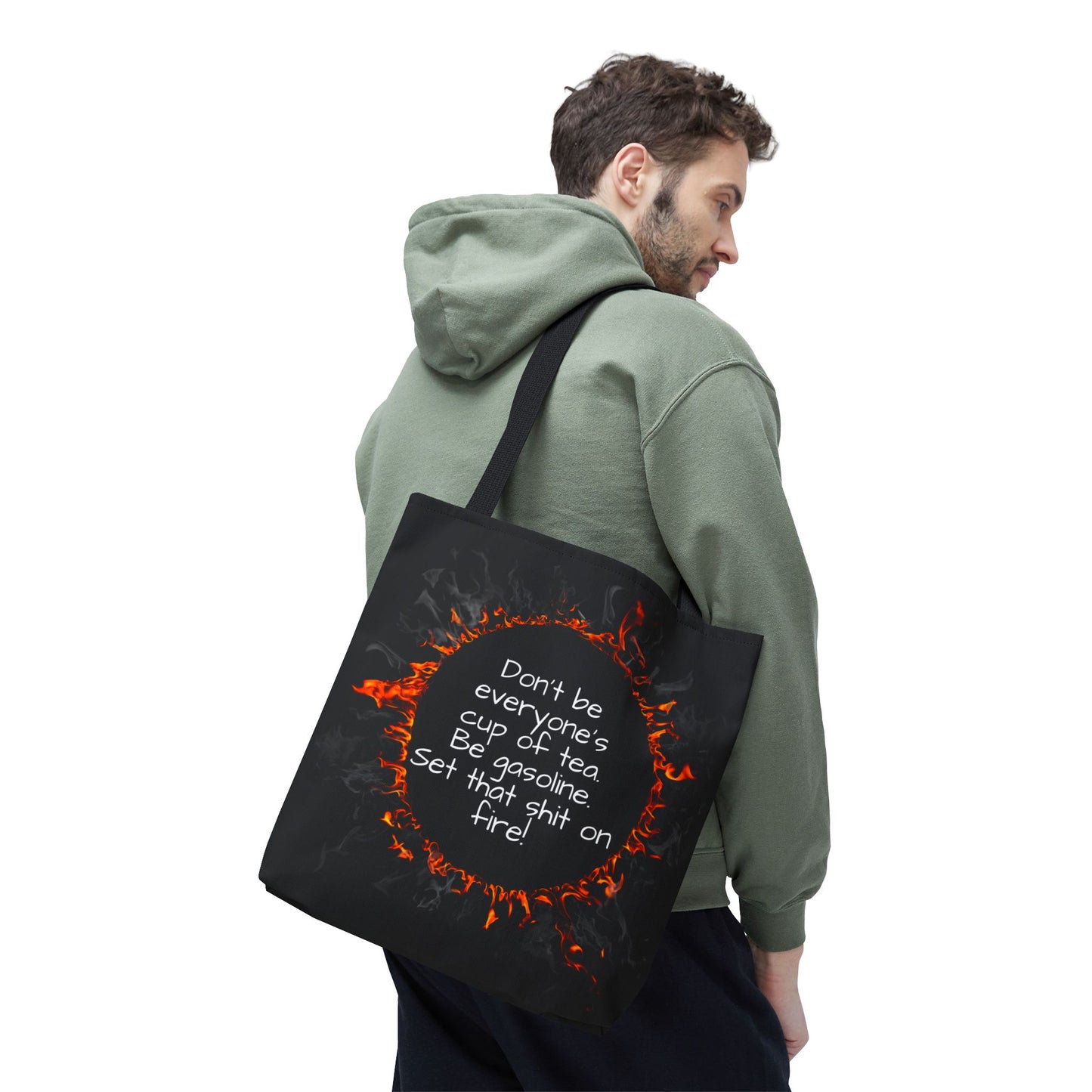 Motivational Be Gasoline Tote Bag, Durable All Over Print Polyester Bag, Funny Inspirational Gift for Travel, Gym, or Casual Use