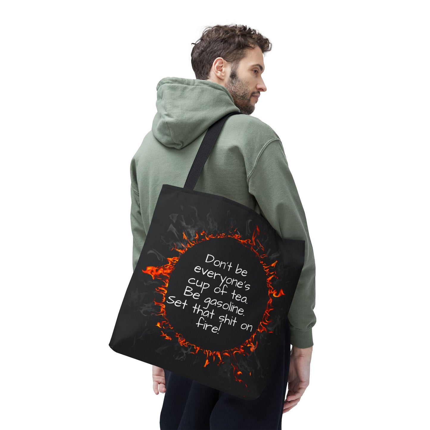 Motivational Be Gasoline Tote Bag, Durable All Over Print Polyester Bag, Funny Inspirational Gift for Travel, Gym, or Casual Use