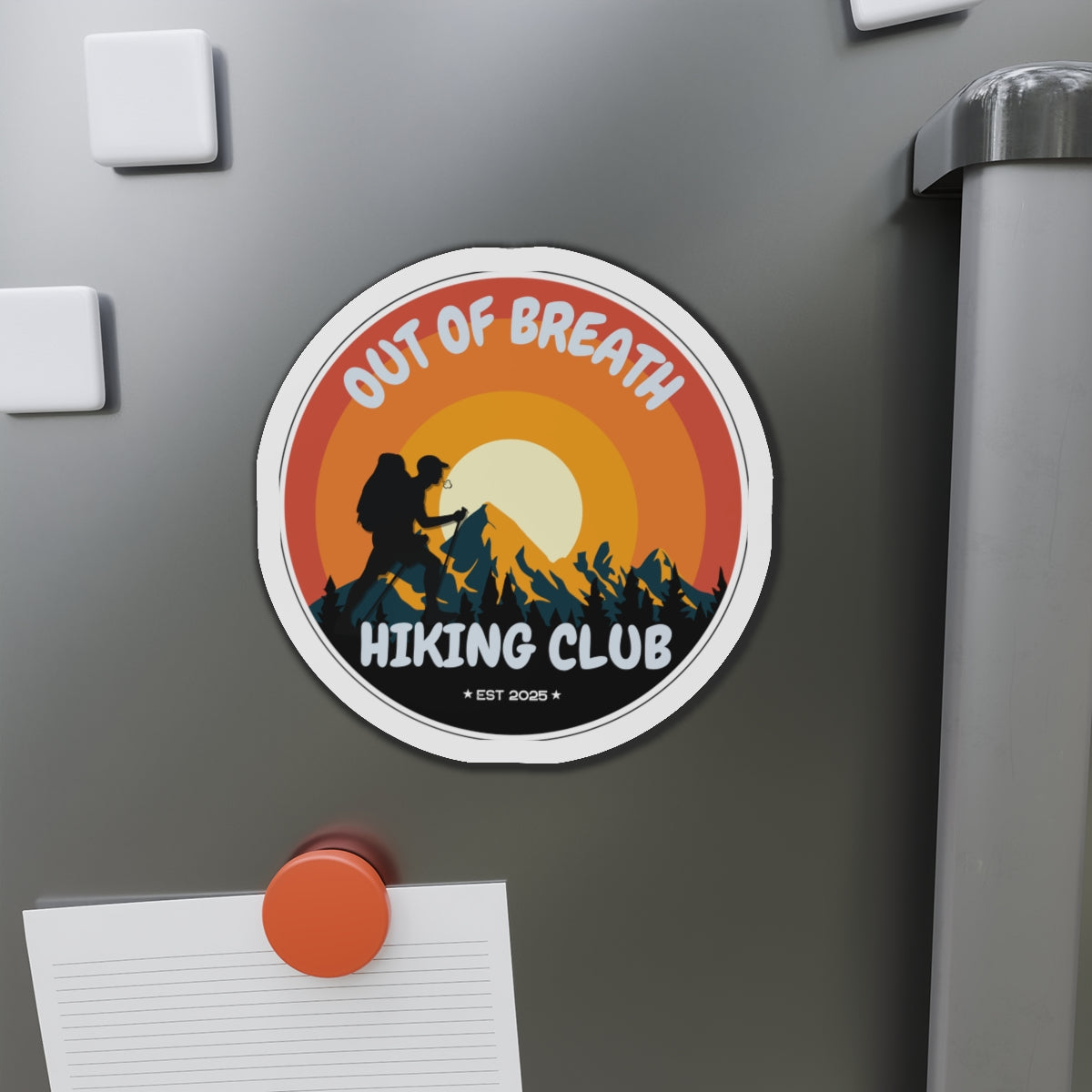 Out of Breath Hiking Club Die-Cut Magnet | Outdoor Adventure | Perfect Gift for Hikers, Nature Lovers, Campers