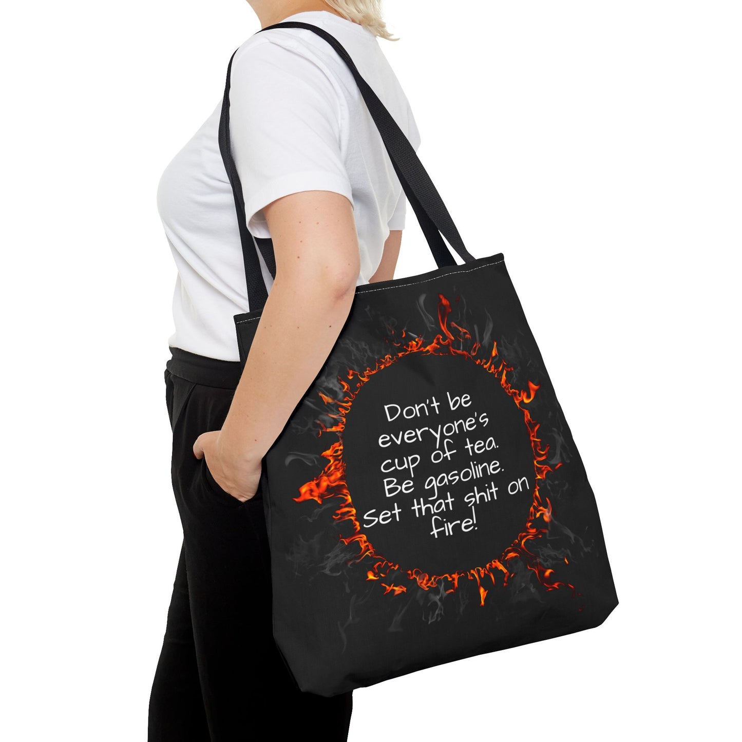 Motivational Be Gasoline Tote Bag, Durable All Over Print Polyester Bag, Funny Inspirational Gift for Travel, Gym, or Casual Use
