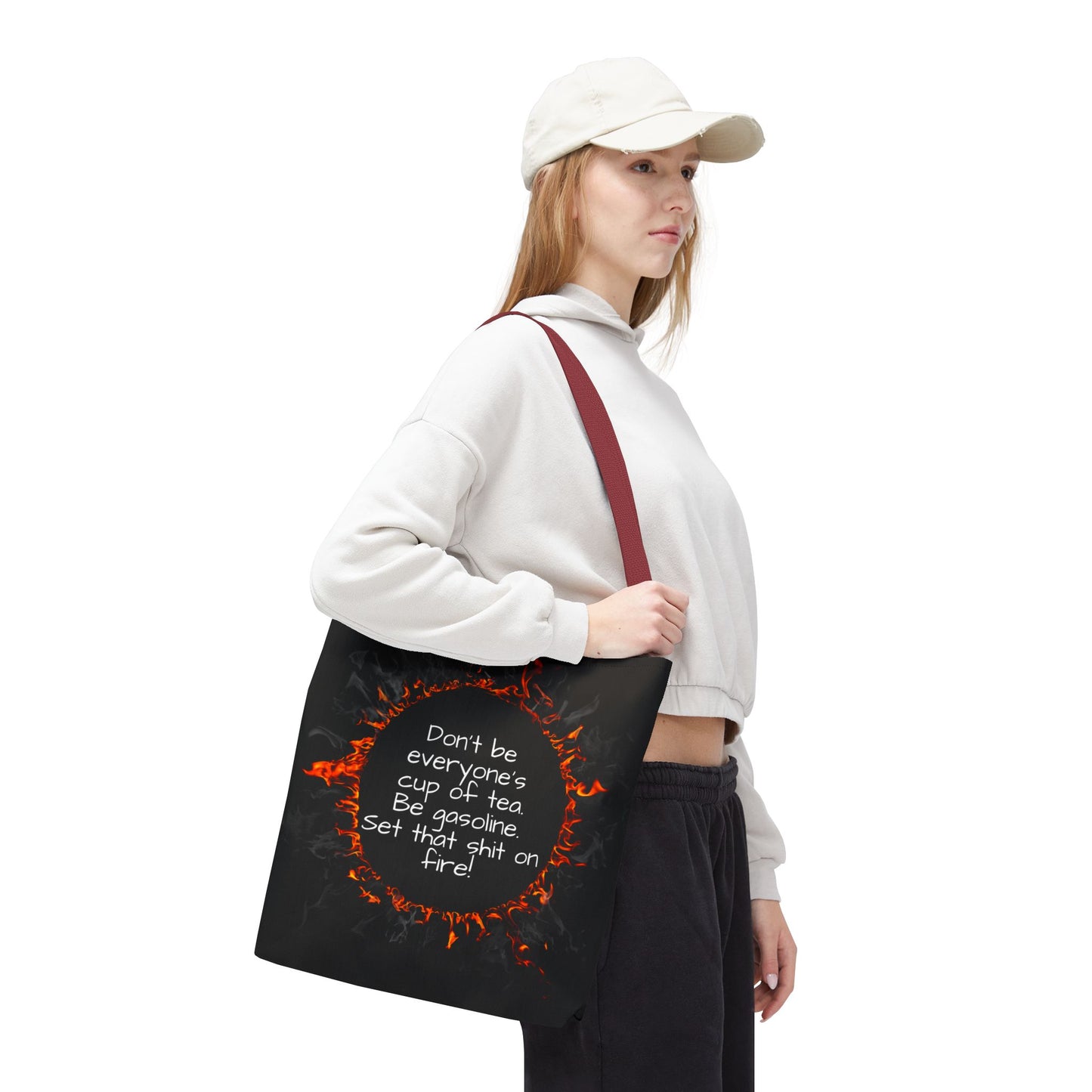 Motivational Be Gasoline Tote Bag, Durable All Over Print Polyester Bag, Funny Inspirational Gift for Travel, Gym, or Casual Use