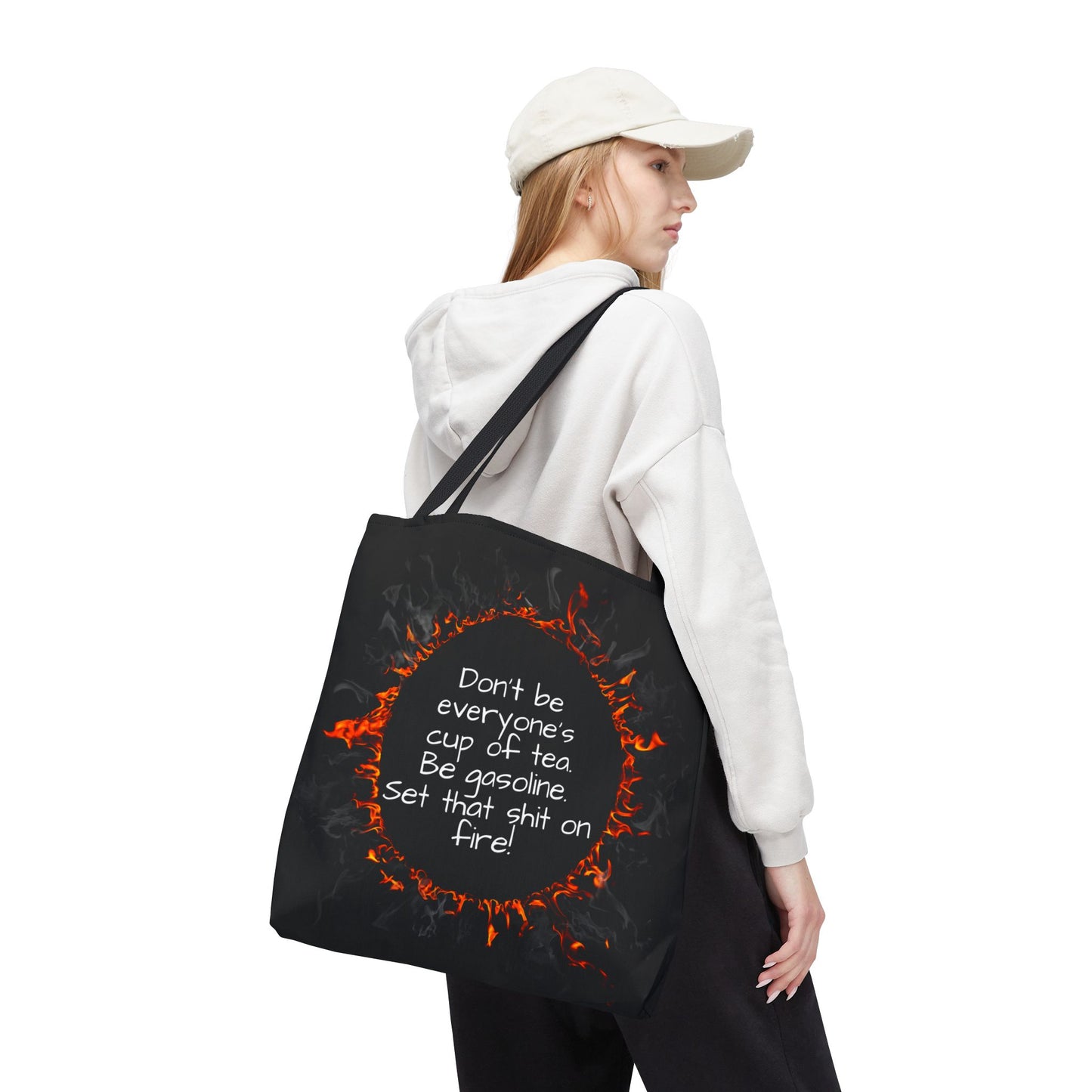 Motivational Be Gasoline Tote Bag, Durable All Over Print Polyester Bag, Funny Inspirational Gift for Travel, Gym, or Casual Use