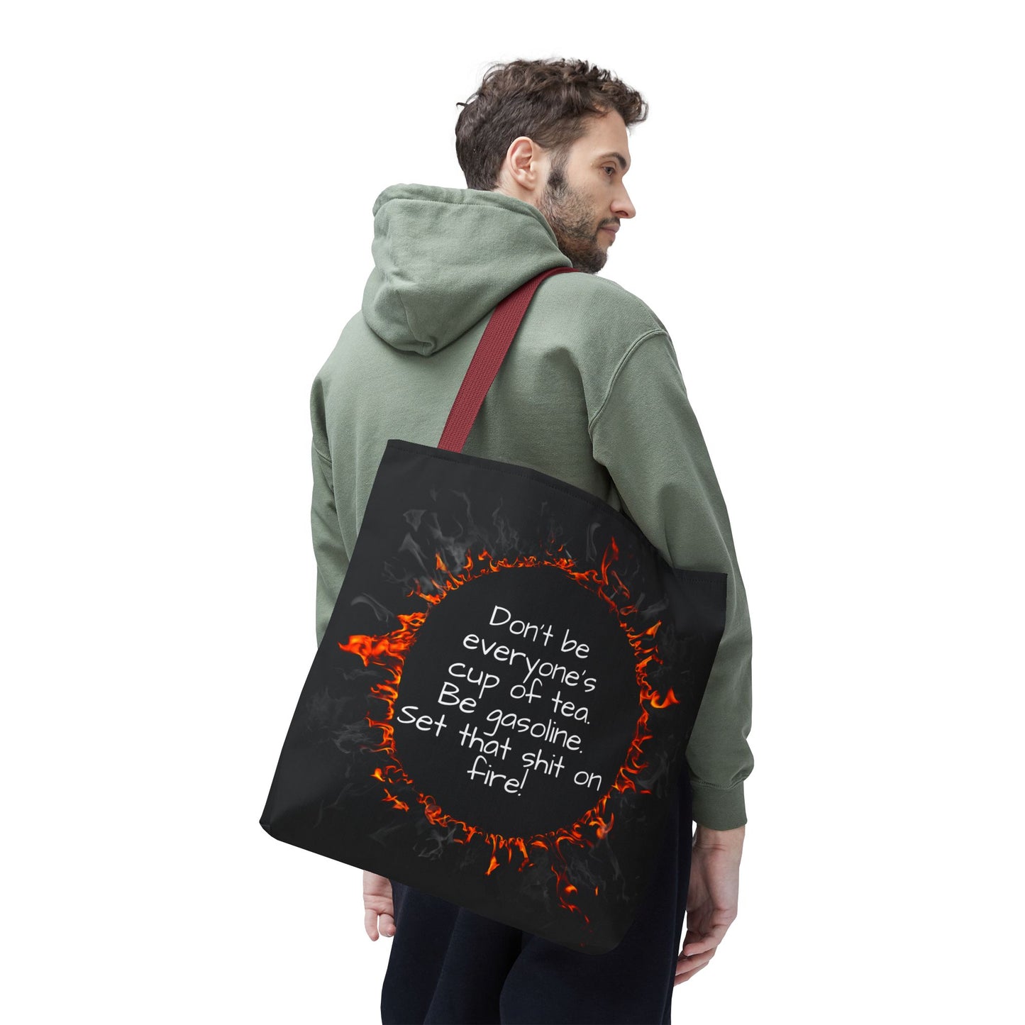 Motivational Be Gasoline Tote Bag, Durable All Over Print Polyester Bag, Funny Inspirational Gift for Travel, Gym, or Casual Use