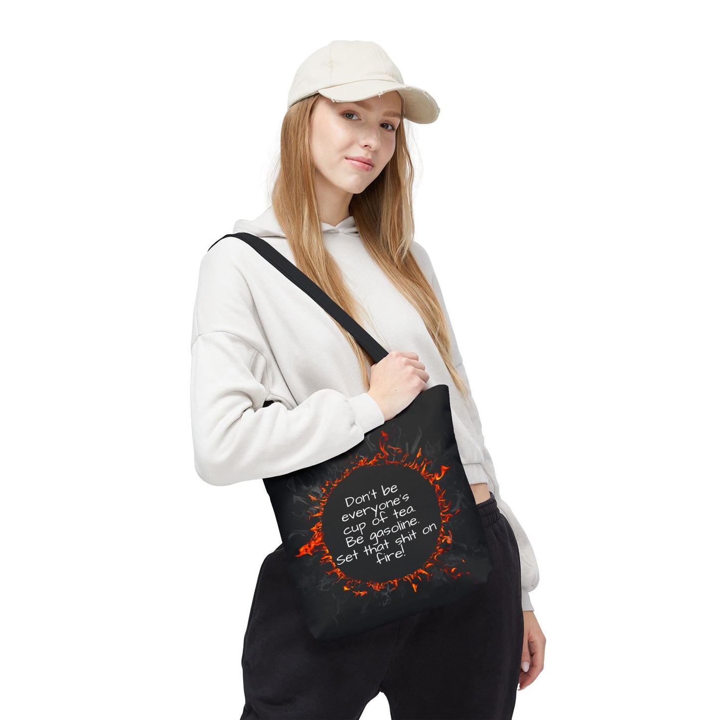Motivational Be Gasoline Tote Bag, Durable All Over Print Polyester Bag, Funny Inspirational Gift for Travel, Gym, or Casual Use