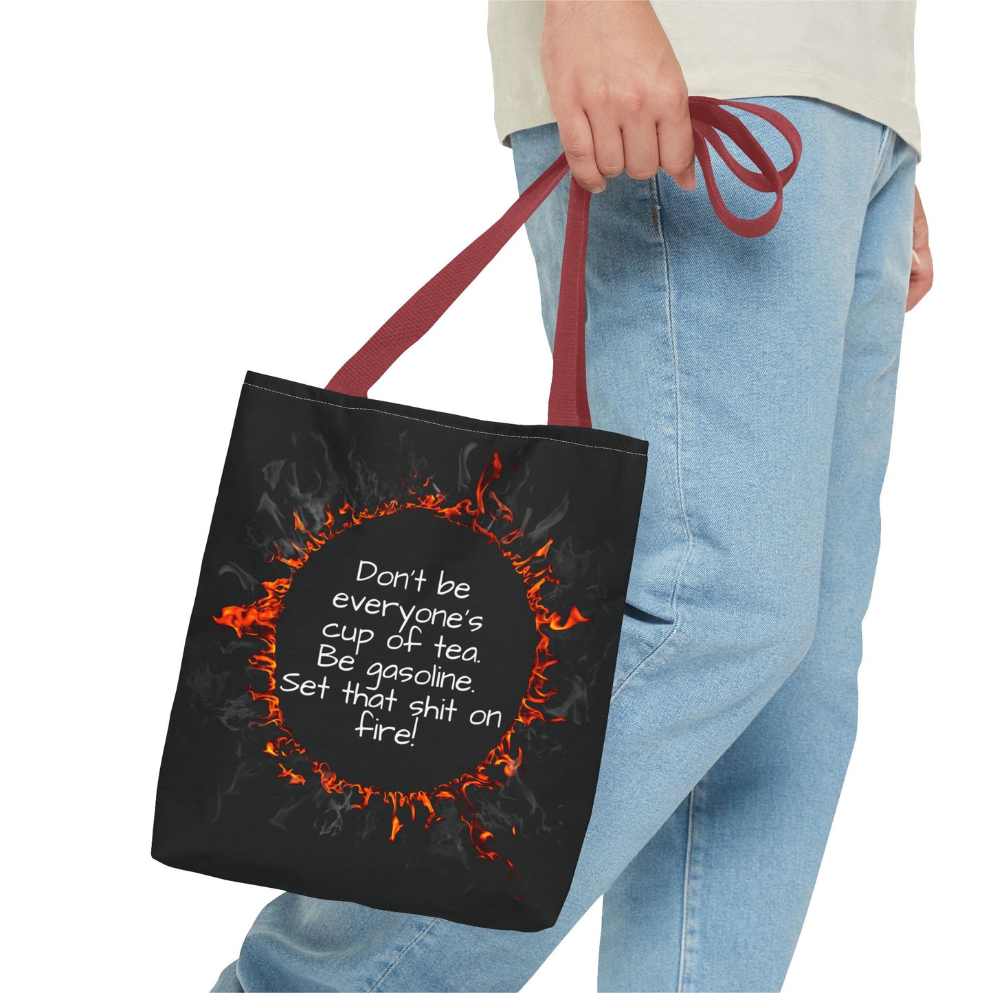 Motivational Be Gasoline Tote Bag, Durable All Over Print Polyester Bag, Funny Inspirational Gift for Travel, Gym, or Casual Use