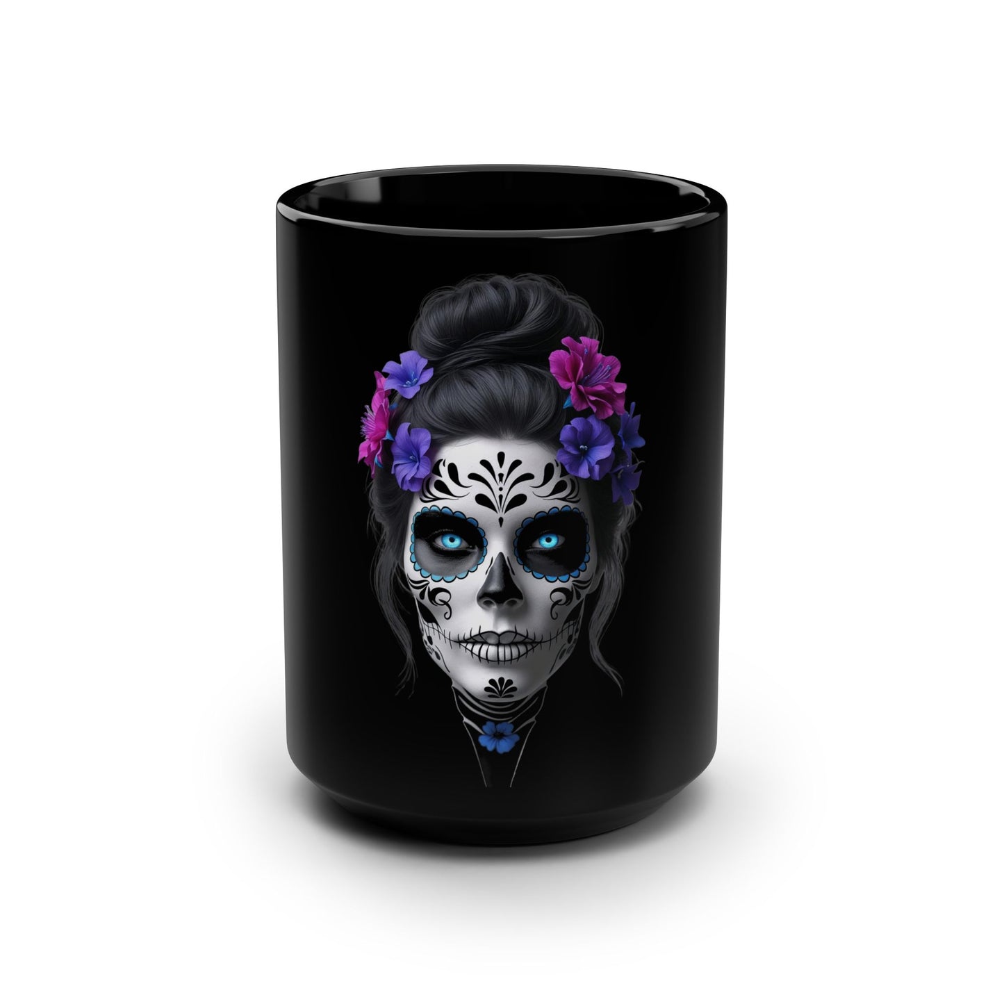 Day of the Dead Mug (Black) 15oz, Skull Coffee Cup, Floral Ceramic Mug, Unique Gift for Her, Halloween Decor