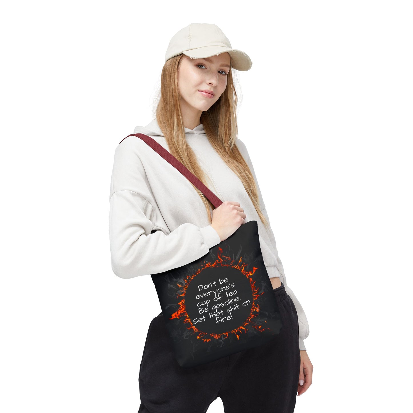 Motivational Be Gasoline Tote Bag, Durable All Over Print Polyester Bag, Funny Inspirational Gift for Travel, Gym, or Casual Use