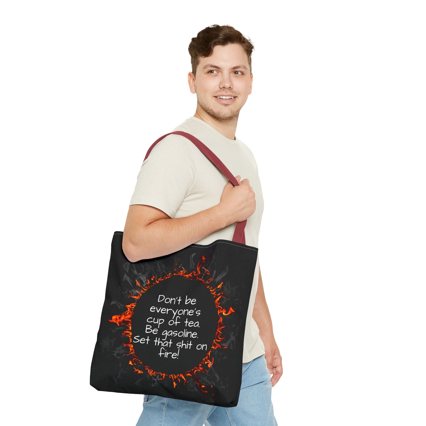 Motivational Be Gasoline Tote Bag, Durable All Over Print Polyester Bag, Funny Inspirational Gift for Travel, Gym, or Casual Use