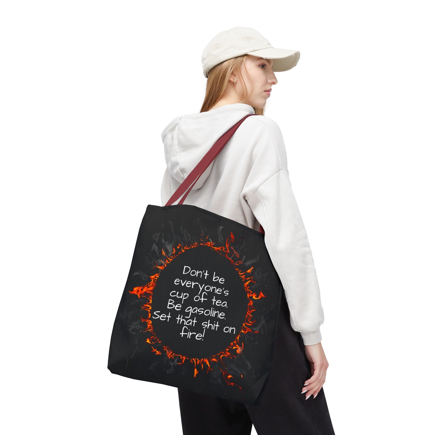 Motivational Be Gasoline Tote Bag, Durable All Over Print Polyester Bag, Funny Inspirational Gift for Travel, Gym, or Casual Use