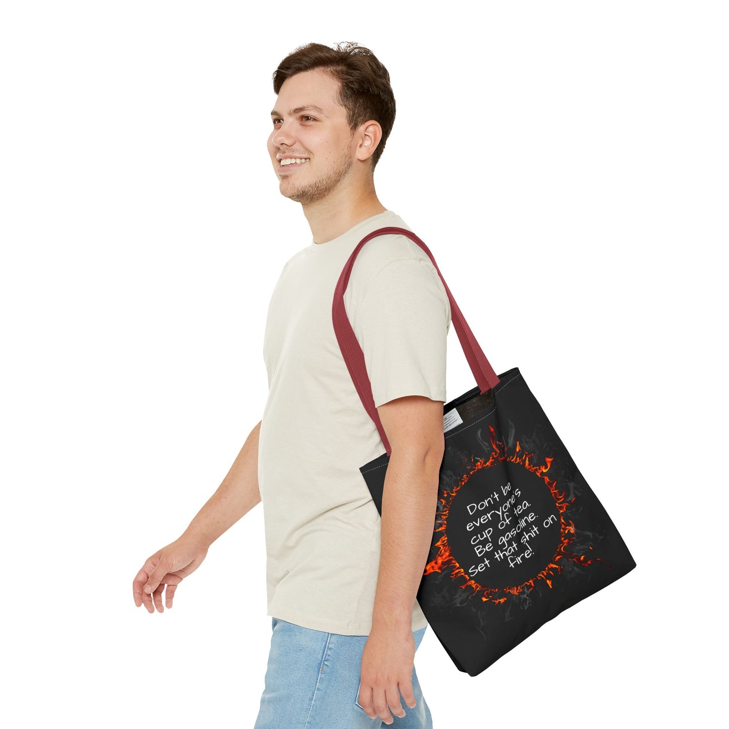 Motivational Be Gasoline Tote Bag, Durable All Over Print Polyester Bag, Funny Inspirational Gift for Travel, Gym, or Casual Use