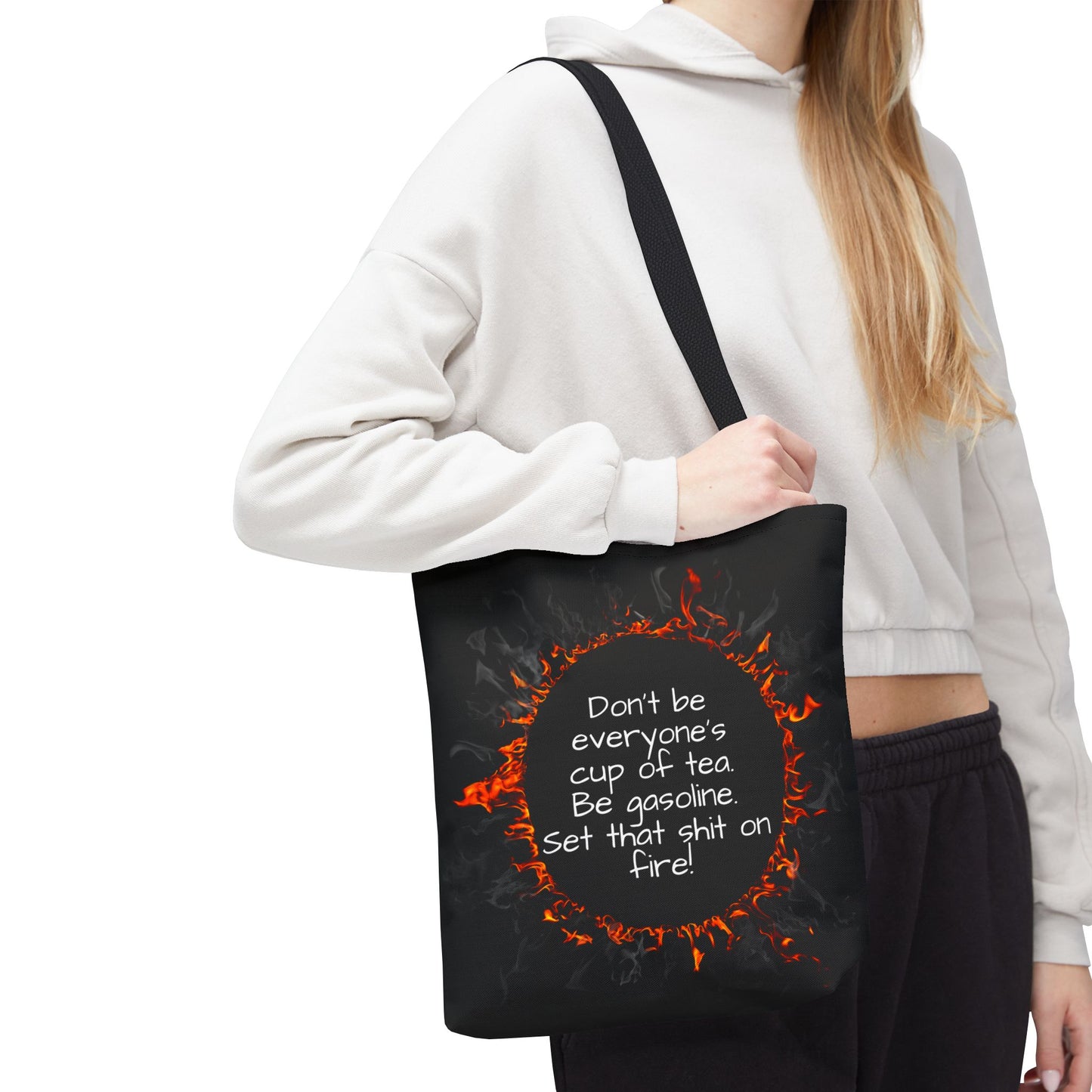 Motivational Be Gasoline Tote Bag, Durable All Over Print Polyester Bag, Funny Inspirational Gift for Travel, Gym, or Casual Use