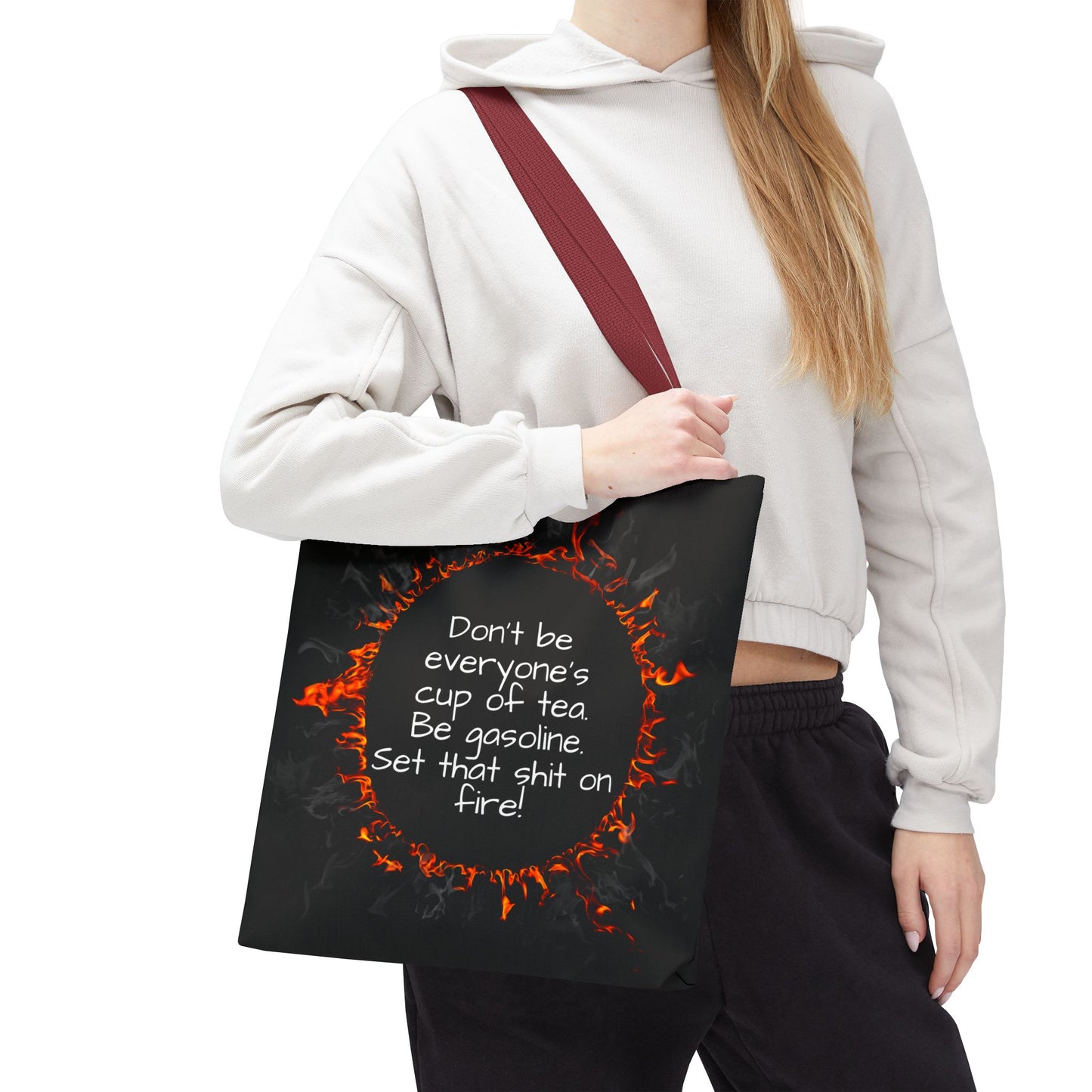 Motivational Be Gasoline Tote Bag, Durable All Over Print Polyester Bag, Funny Inspirational Gift for Travel, Gym, or Casual Use