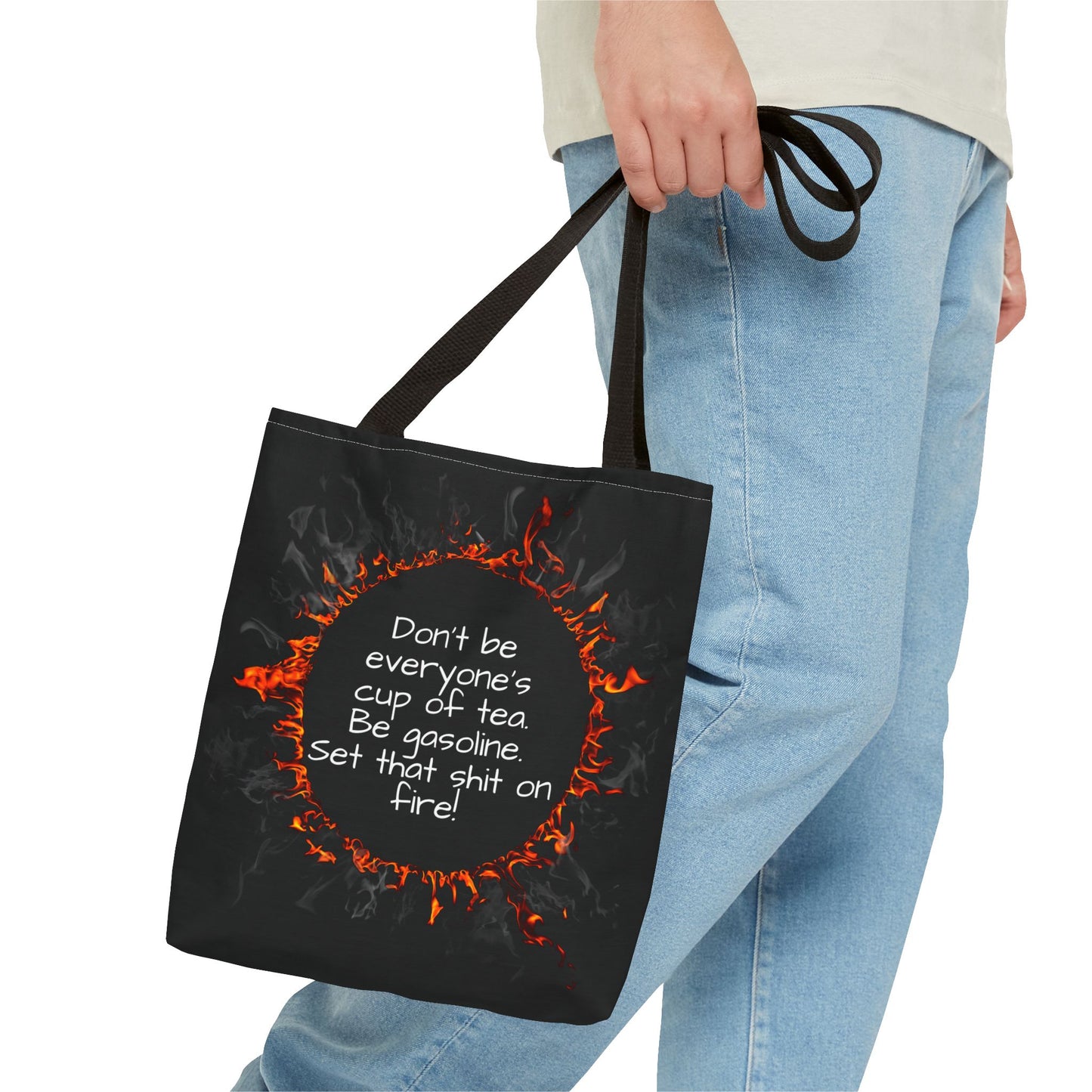Motivational Be Gasoline Tote Bag, Durable All Over Print Polyester Bag, Funny Inspirational Gift for Travel, Gym, or Casual Use