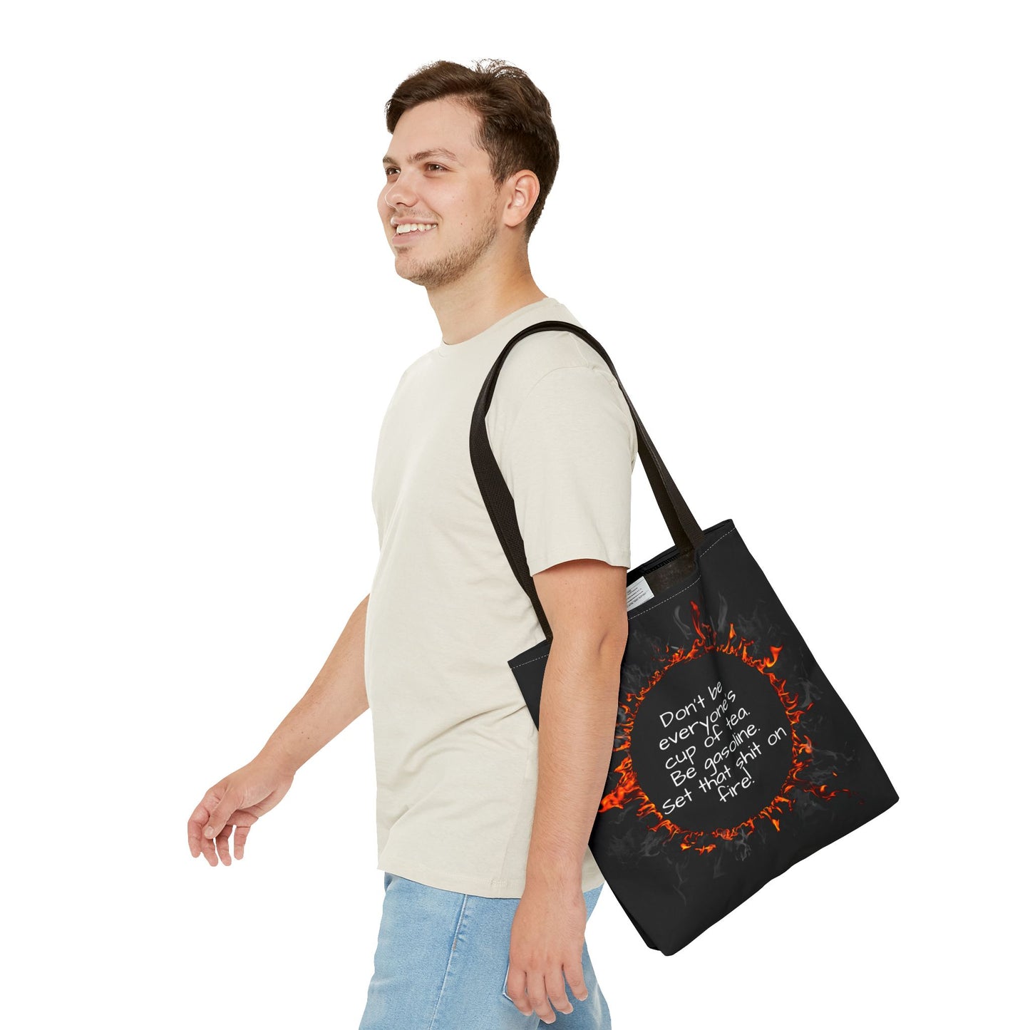 Motivational Be Gasoline Tote Bag, Durable All Over Print Polyester Bag, Funny Inspirational Gift for Travel, Gym, or Casual Use