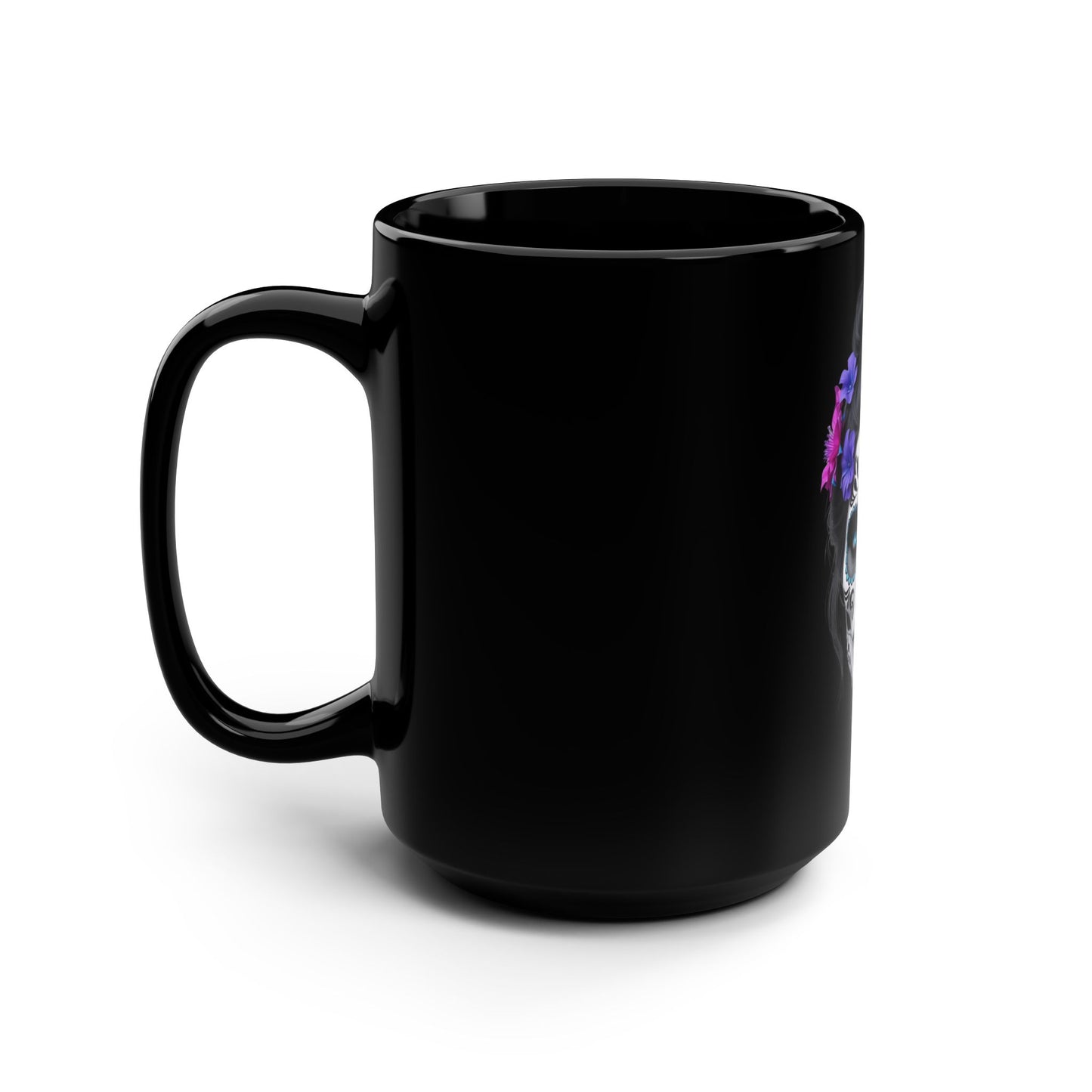 Day of the Dead Mug (Black) 15oz, Skull Coffee Cup, Floral Ceramic Mug, Unique Gift for Her, Halloween Decor