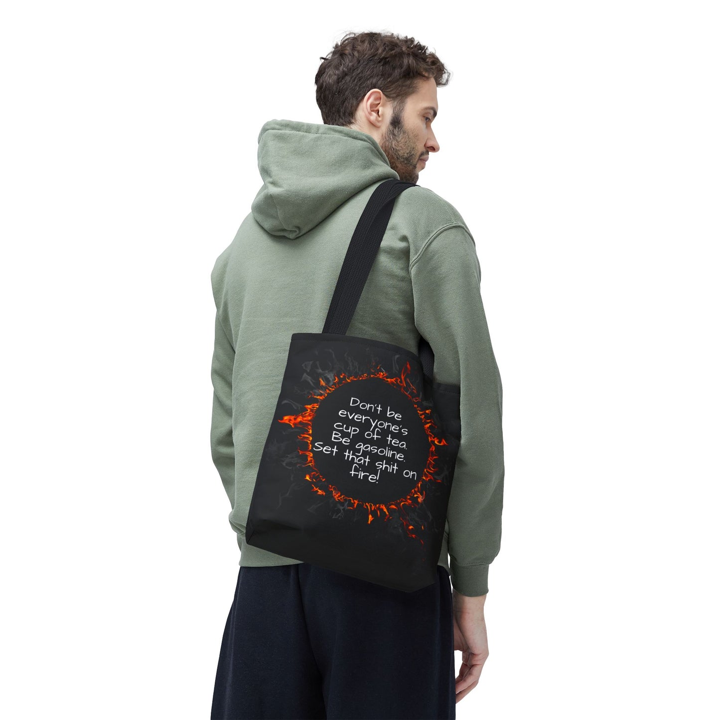 Motivational Be Gasoline Tote Bag, Durable All Over Print Polyester Bag, Funny Inspirational Gift for Travel, Gym, or Casual Use