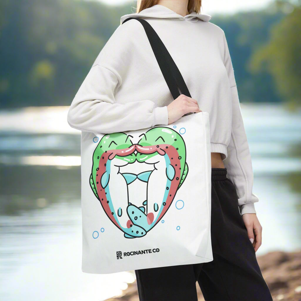 Trout Heart Tote Bag White, Cute Fish Illustration Canvas Shopper, Eco-Friendly Reusable Grocery Bag, Stylish Everyday Carry-All