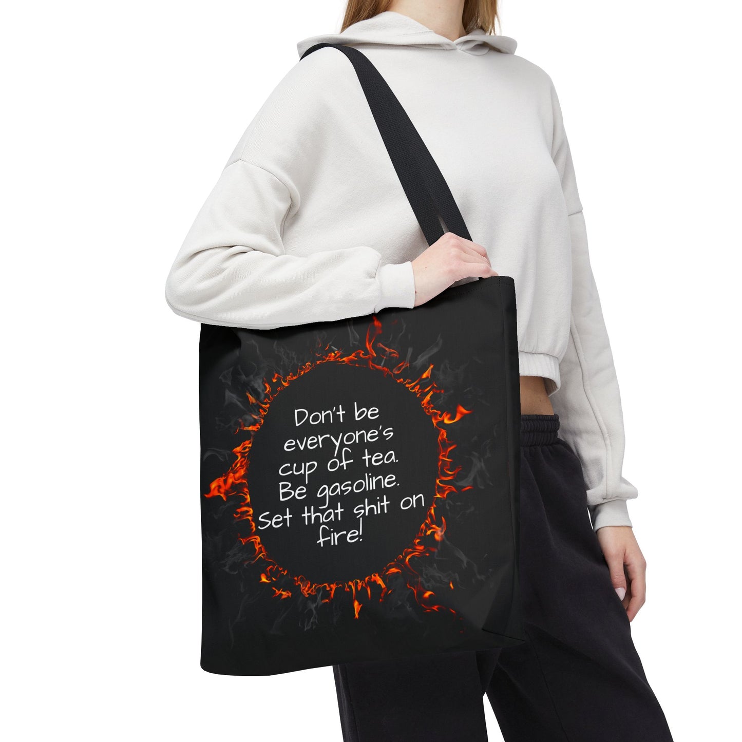 Motivational Be Gasoline Tote Bag, Durable All Over Print Polyester Bag, Funny Inspirational Gift for Travel, Gym, or Casual Use