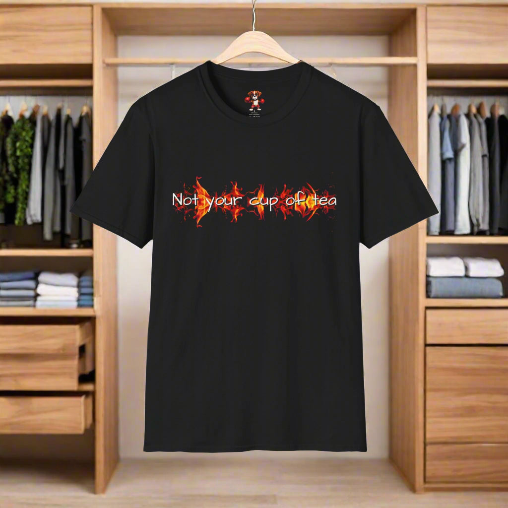 Black t-shirt with fiery text design on a white background
