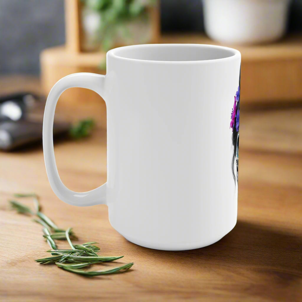 White mug with a colorful design on a white background