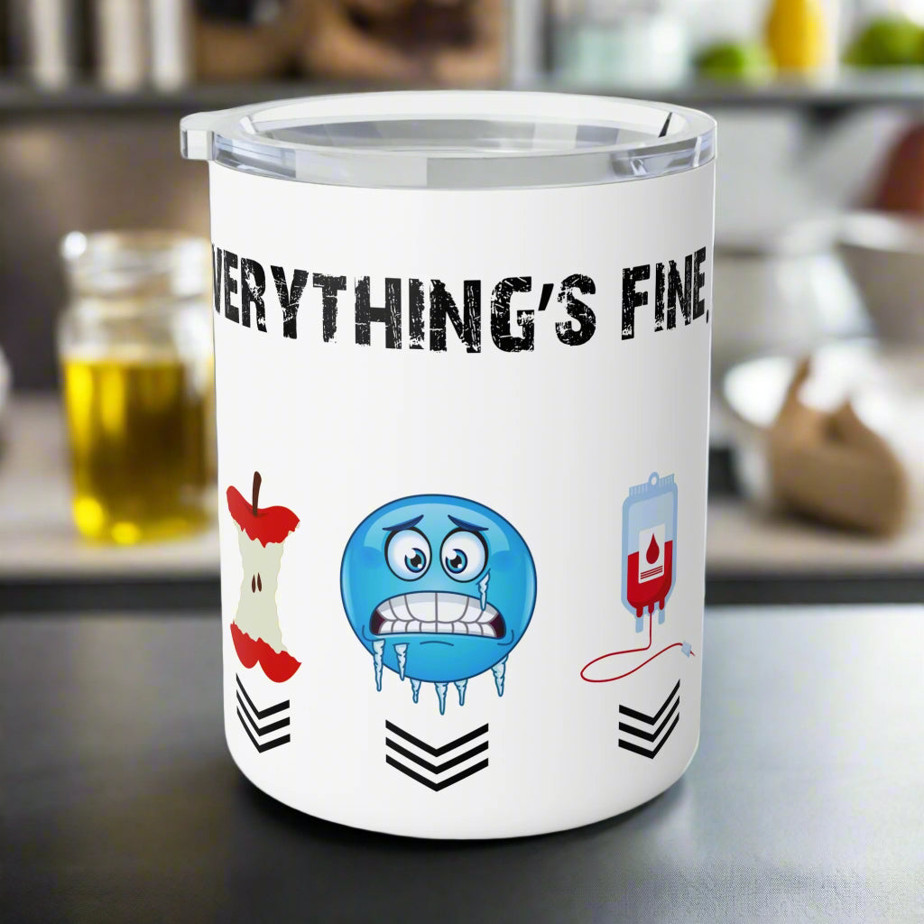 White tumbler with cartoon characters and 'Everything's Fine' text on a white background