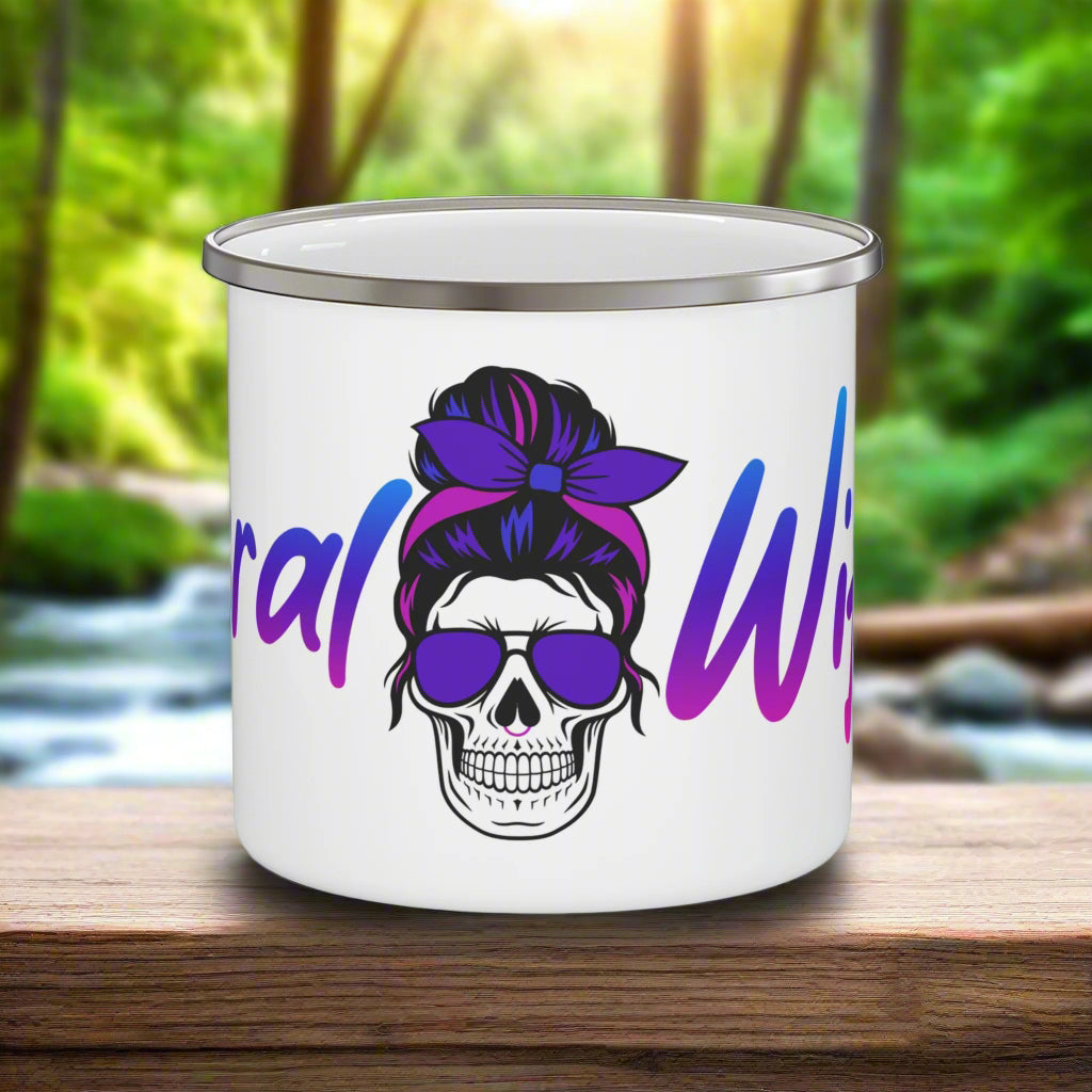 White enamel mug with skull design and text on a white background