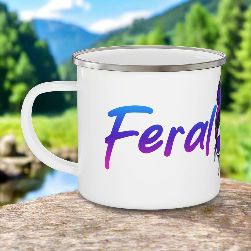 White enamel mug with colorful 'Feral' text on a white background