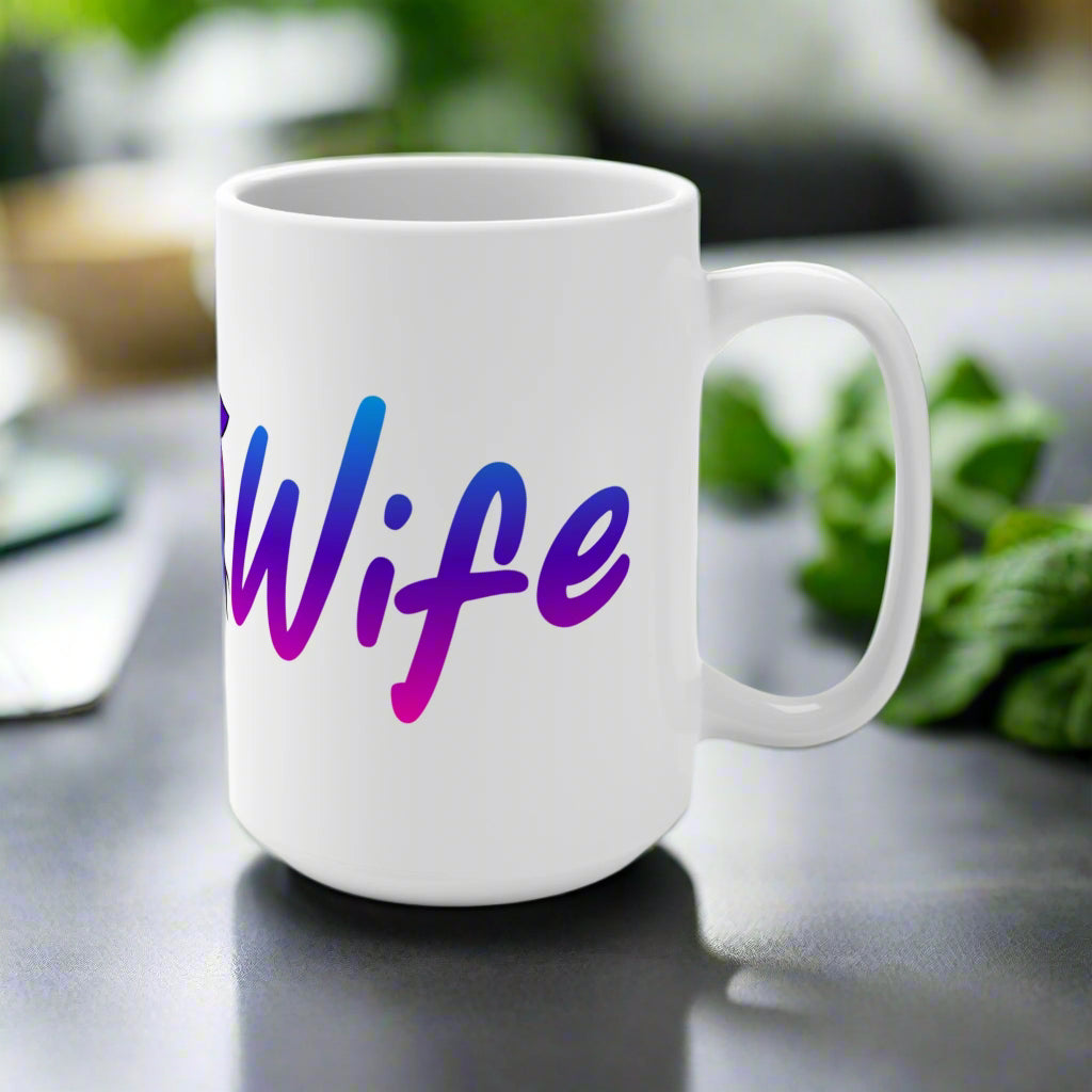 White mug with 'Wife' in colorful letters on a white background