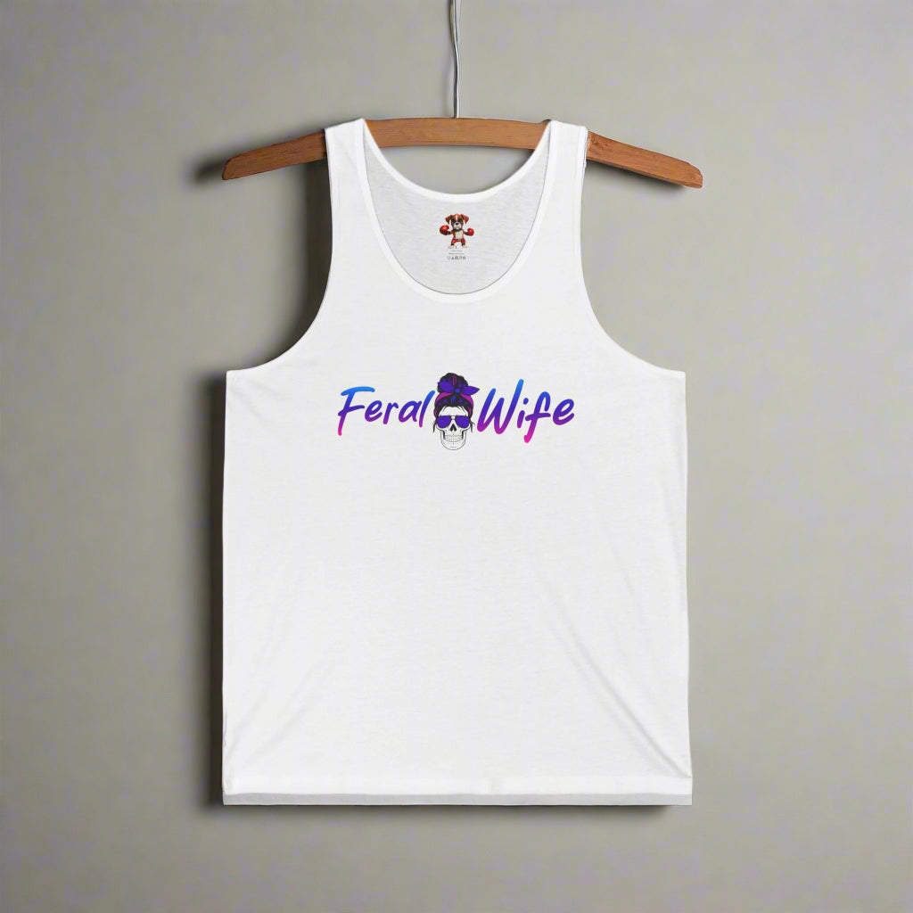 White tank top with 'Feral Wife' text and graphic on a white background