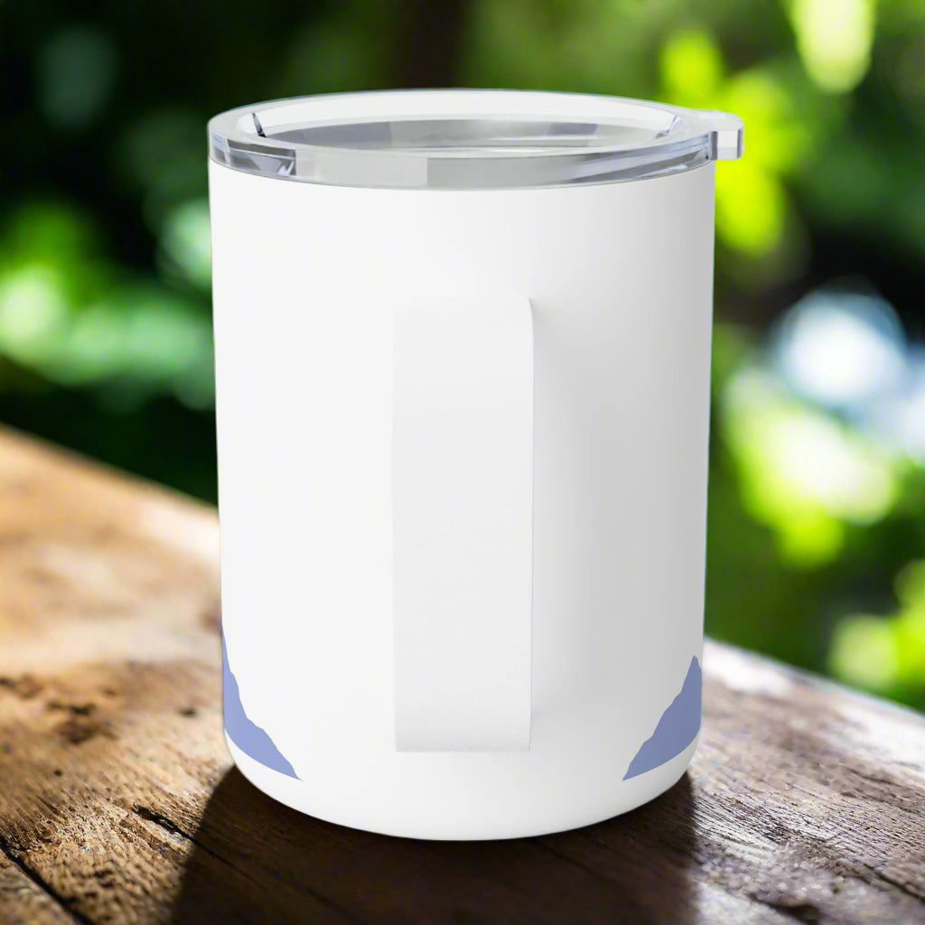 White tumbler with blue accents on a white background