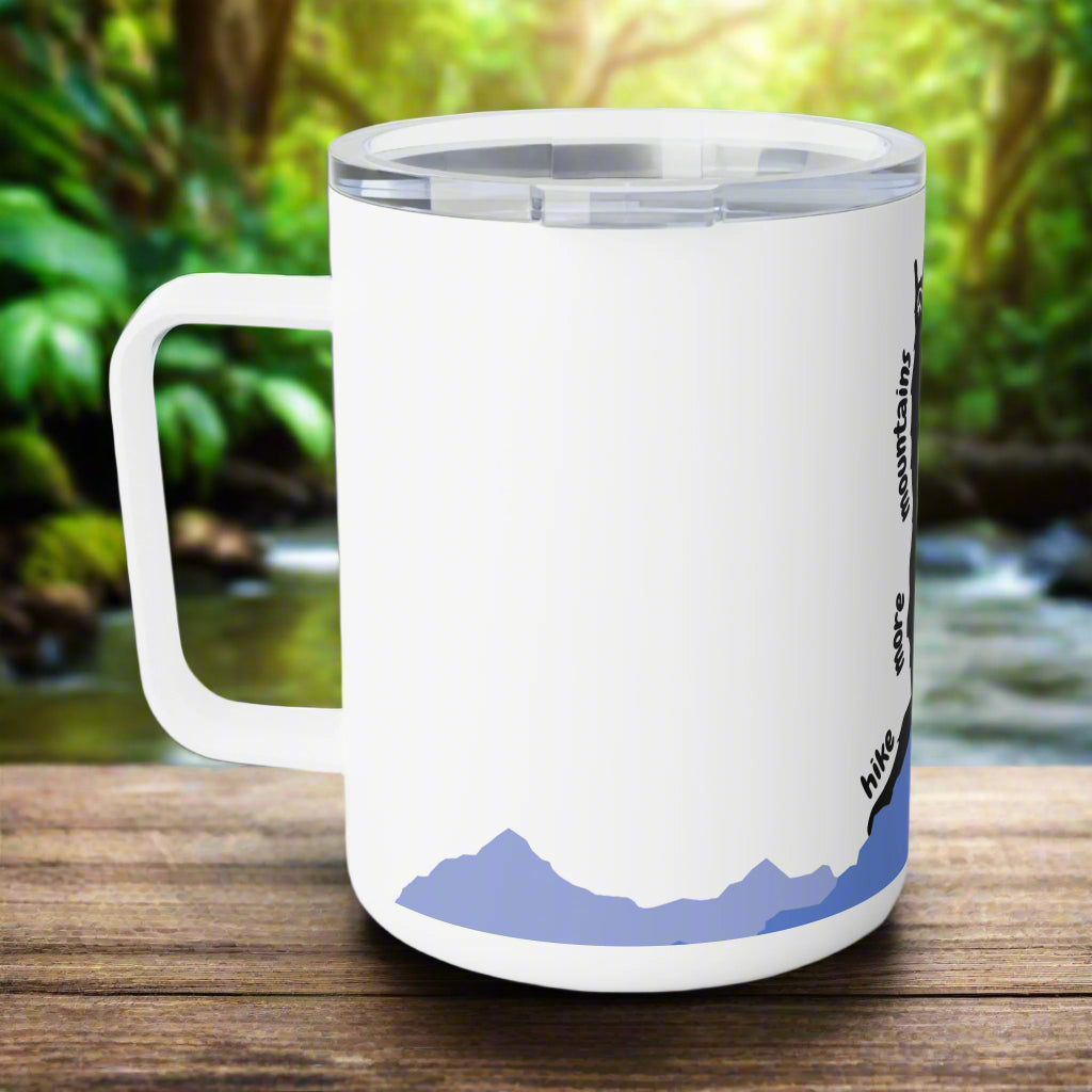 White mug with mountain design and text on a white background
