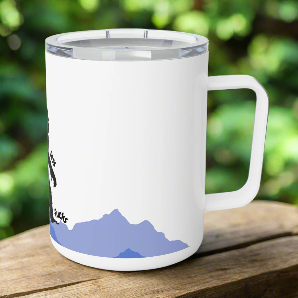 White mug with mountain design on a white background