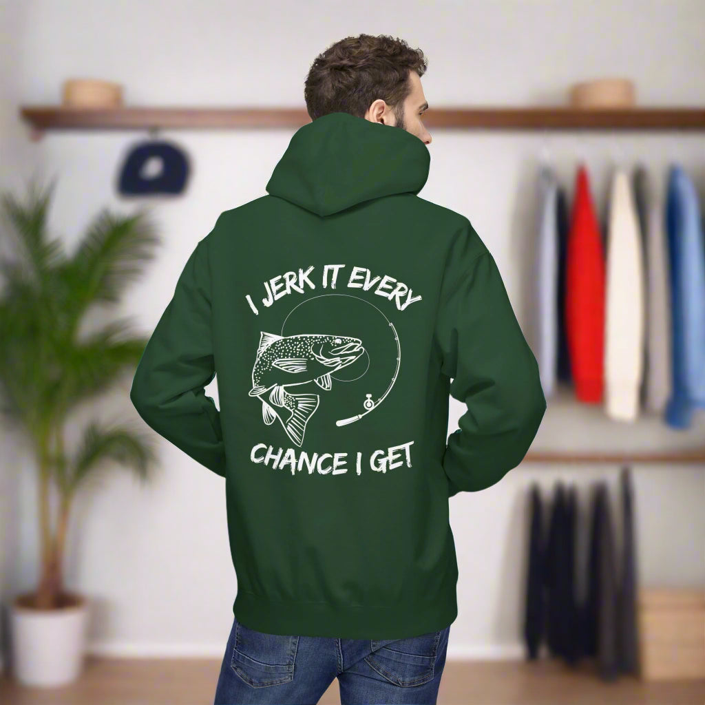 Green hoodie with fishing graphic and text on the back, worn by a person.