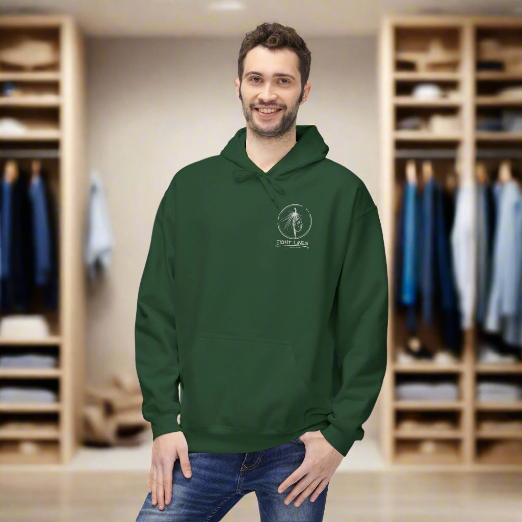 Man wearing a green hoodie with a logo on a white background