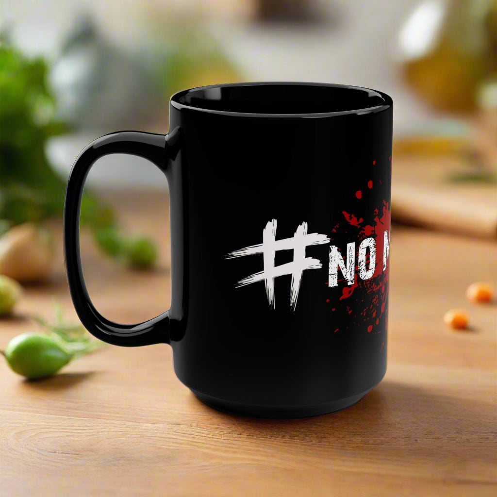 Black mug with '#NO' text on a white background