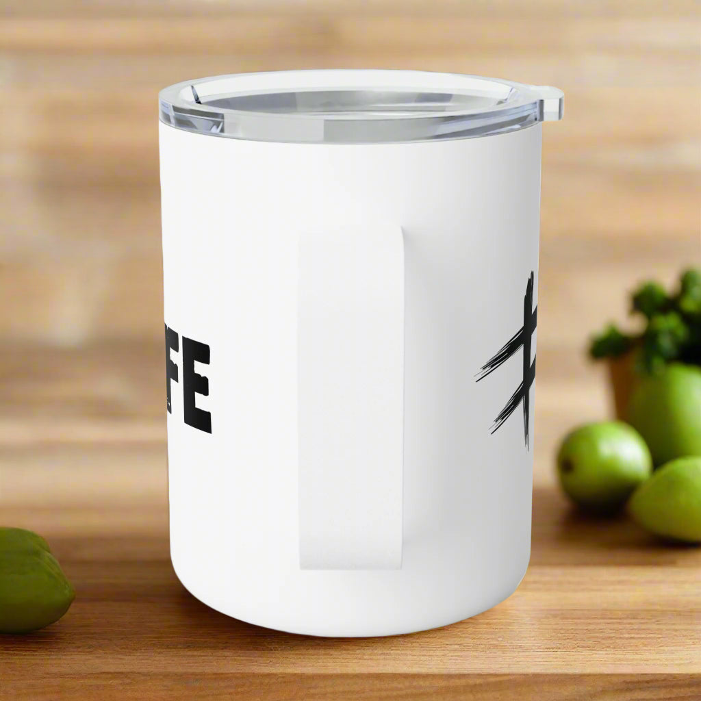 White tumbler with black text and design on a white background