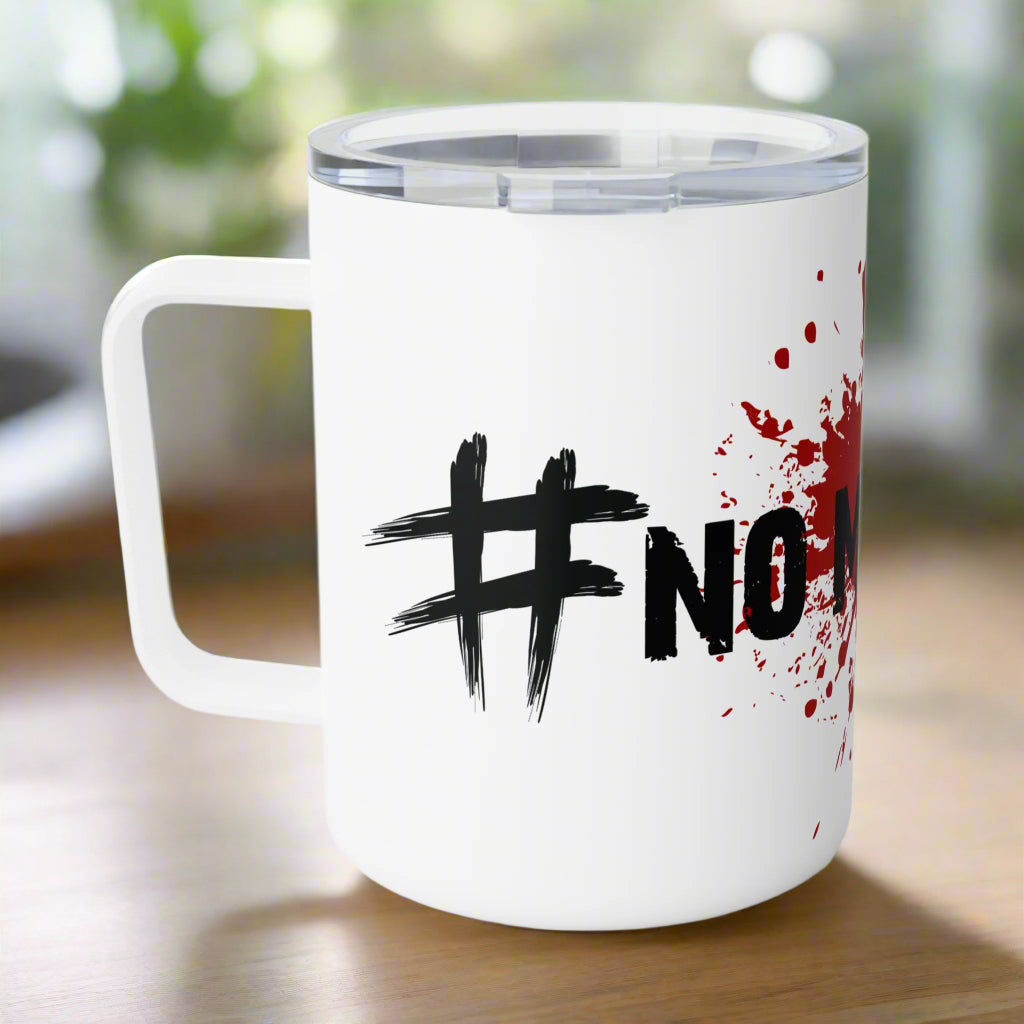 White mug with '#NO!' text and red splashes on a white background