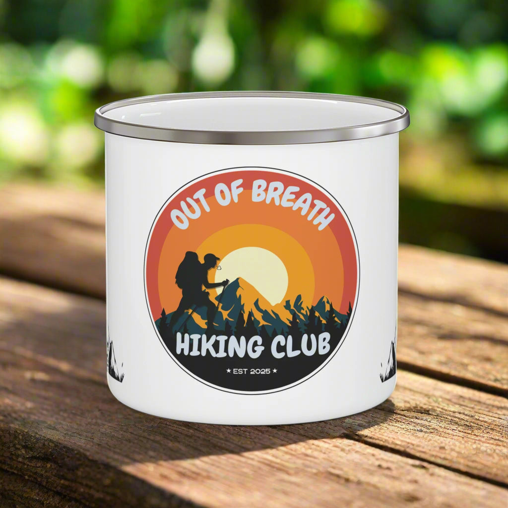 White enamel mug with 'Out of Breath Hiking Club' design on a white background