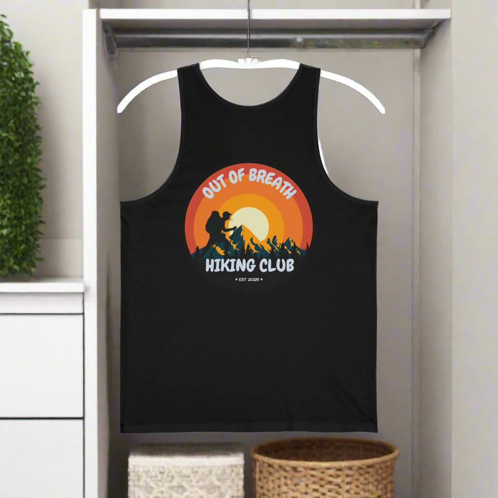Black tank top with a 'Hiking Club' graphic on a white background