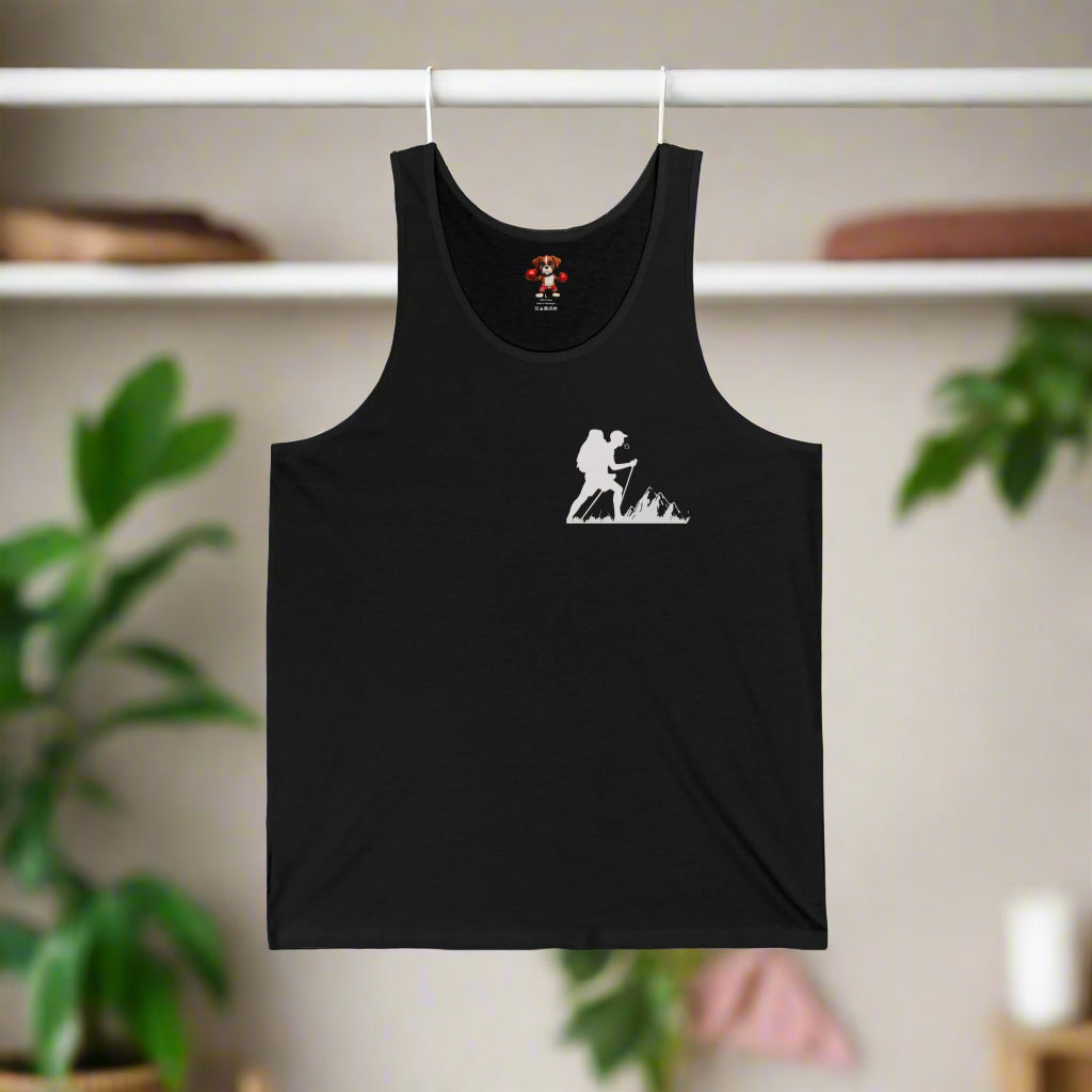 Black tank top with a white graphic on a white background