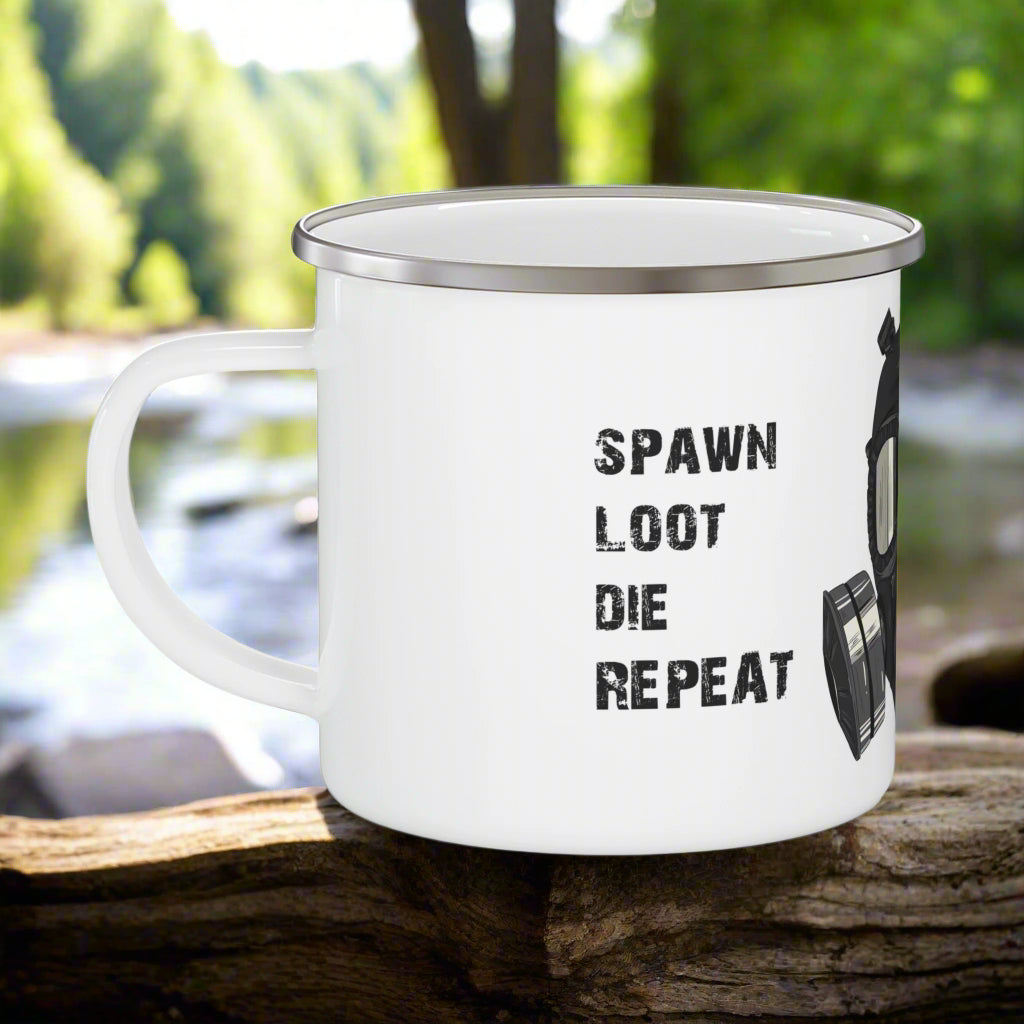 White mug with black text 'Spawn Loot Die Repeat' on a white background