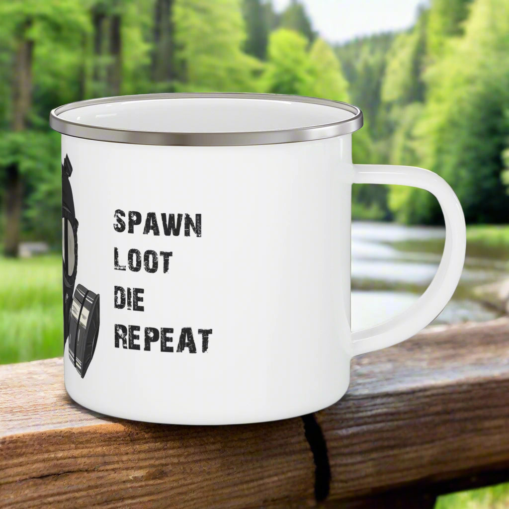White mug with black text 'Spawn Loot Die Repeat' and a skull graphic on a white background
