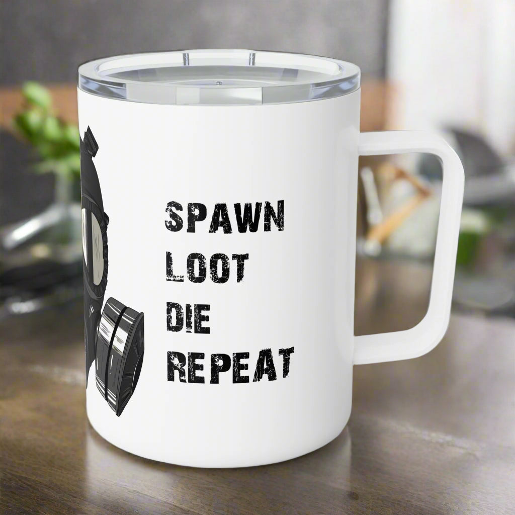 White mug with gaming-themed text and graphics on a white background